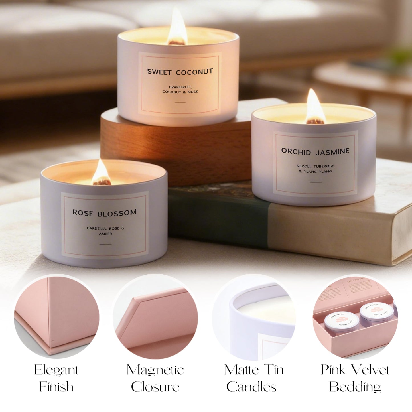 Luxury Candle Gift Set for Women – Luxury Candle Box with 3 Scented Soy Candles in Pink Box – Mother's Day, Birthday & Housewarming Gift