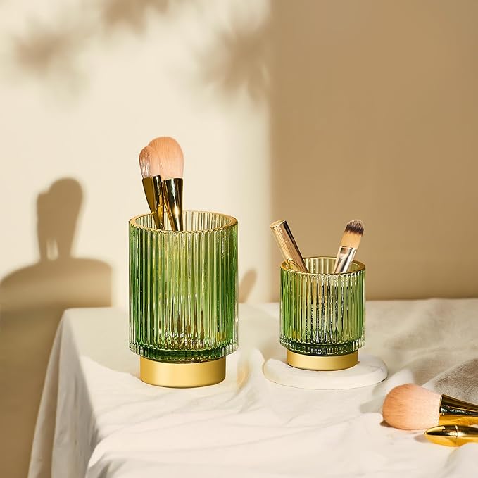 Makeup Brush Organizer, Toothbrush Holder, Desk Pen Pencil Holder, Multifunctional Vintage Glass Brush Cup (S/Green/A3-11-US)