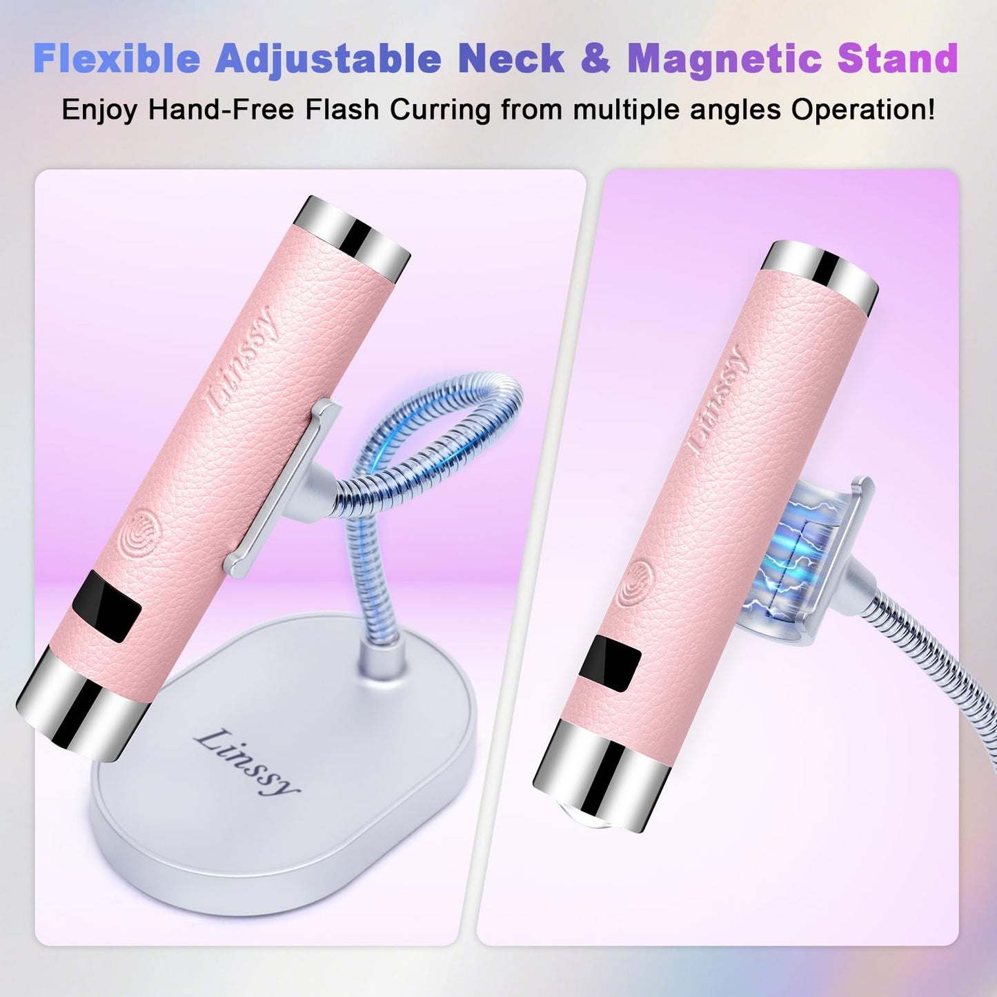 Linssy Mini UV Light for Nails with Auto Sensor & Gooseneck Stand,Portable Cordless Nail Lamp Flash Cure Lamp with LCD Display,Handheld UV Light for Gel Nails at Salon & Home Use (Pink)