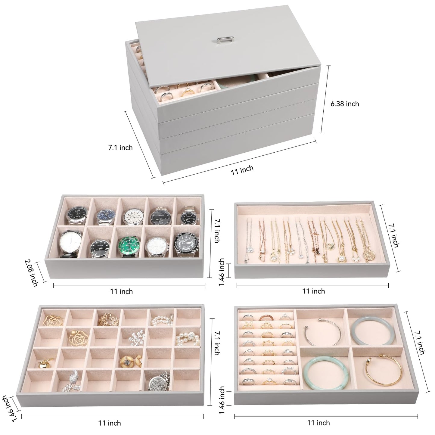 Voova Stackable Jewelry Organizer Tray with Lid, PU Leather Jewelry Storage Holder for Drawer Inserts, Jewellery Display Box Case for Earring Necklace Ring Watch Bracelet (Set of 4, Grey)