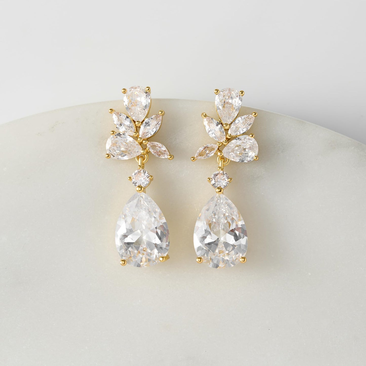 SWEETV Elegant Bridal Wedding Earrings for Brides, Bridesmaids, Cubic Zirconia Teardrop Dangle Earrings for Women Formal Jewelry (Gold)