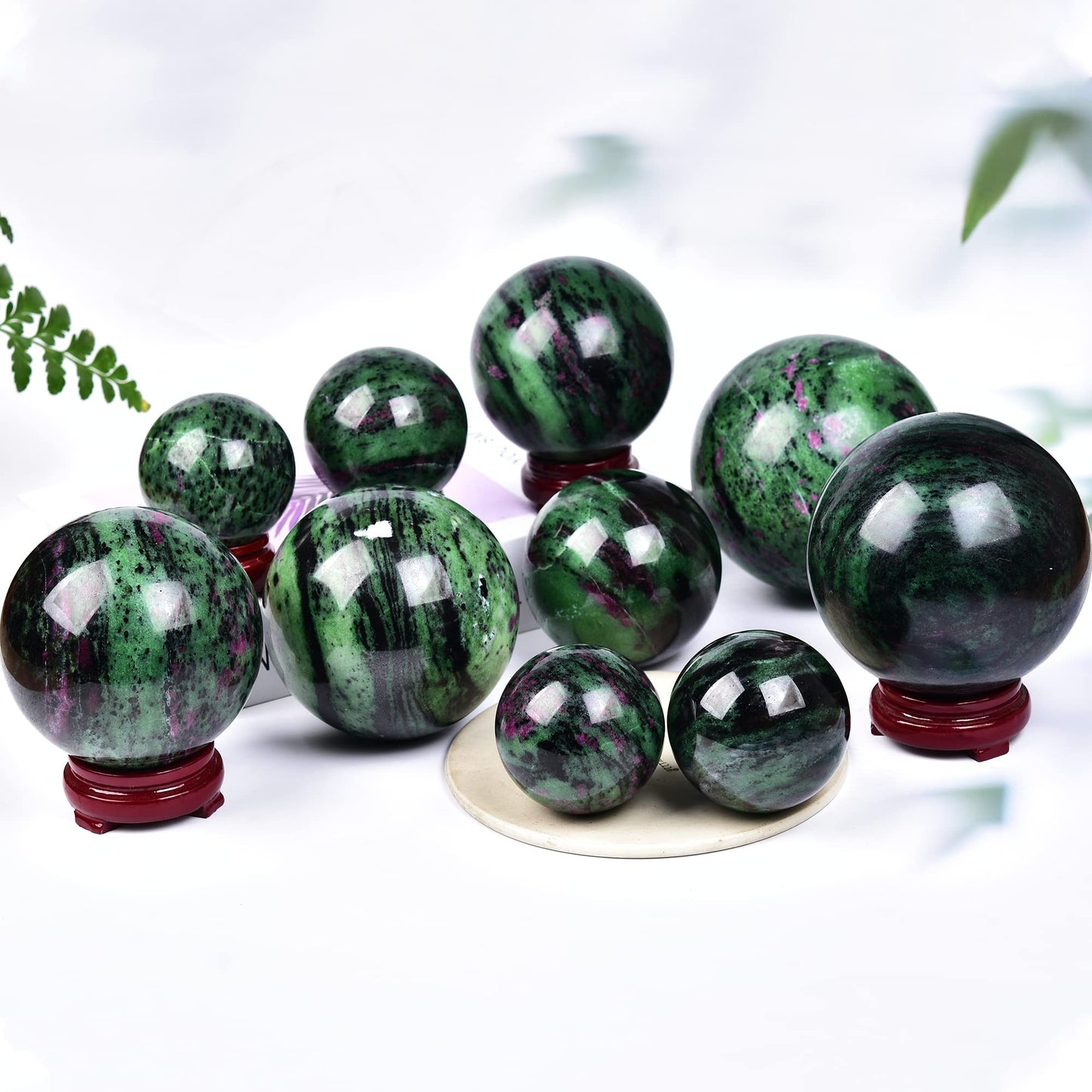 JIC Gem Crystal Sphere Ruby Zoisite Healing Ball With Wood Base - Red&Green Treasure Gemstone for Reiki Chakra Decor (70-80mm)