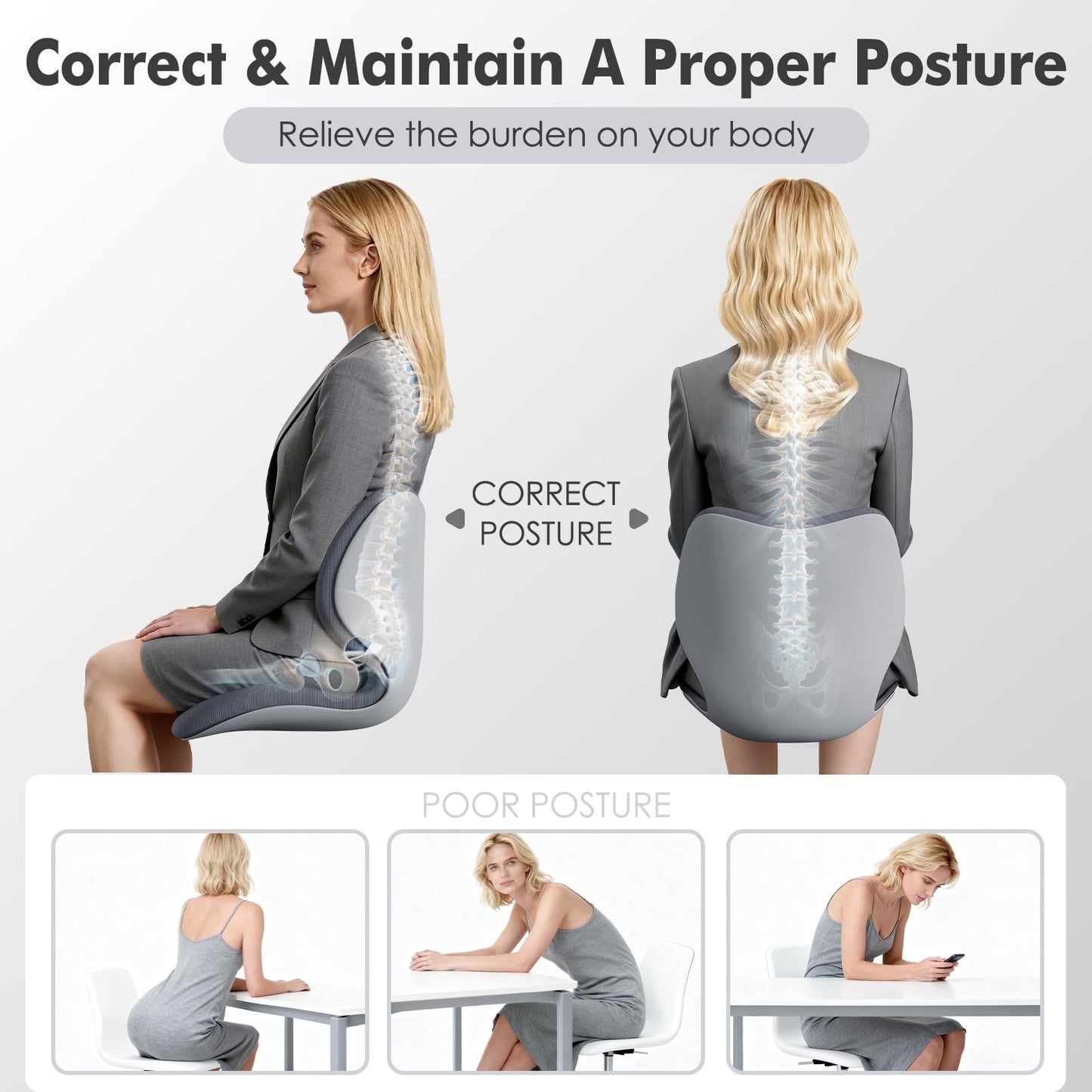 Civa Ergonomic Back Support Cushion for Office & Wheelchair, Posture Support for Long Sitting, Lumbar System & Extra-Thick Memory Foam for Sciatica Pain Relief