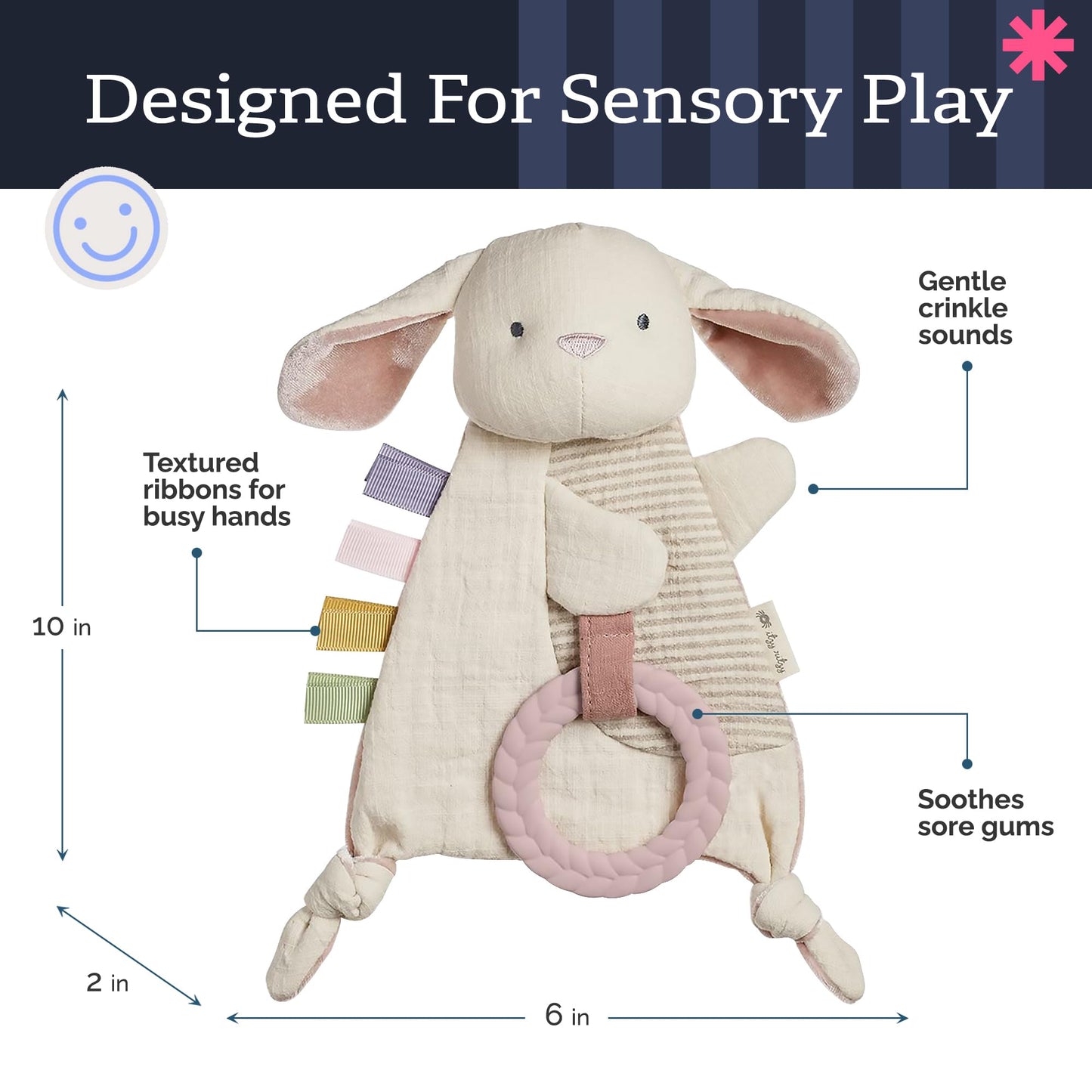 Itzy Ritzy - Bitzy Crinkle Sensory Toy Bunny with Crinkle Sound for Babies & Toddlers - Features Soft Braided Teething Ring & Textured Ribbons, Designed for Ages 0 Months and Up, Bunny