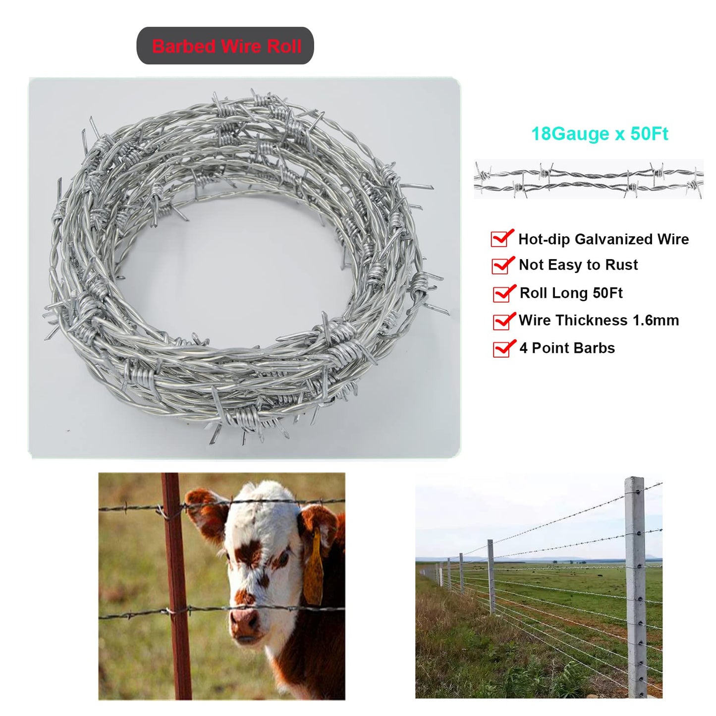 YAGJIA Barbed Wire 50 Ft, 4 Point Barbed Wire Fence, Hot-Dip Galvanized Barb Wire Roll, 18 Gauge Strong and Flexible Wire for Crafts Baseball Ball and Yard Garden