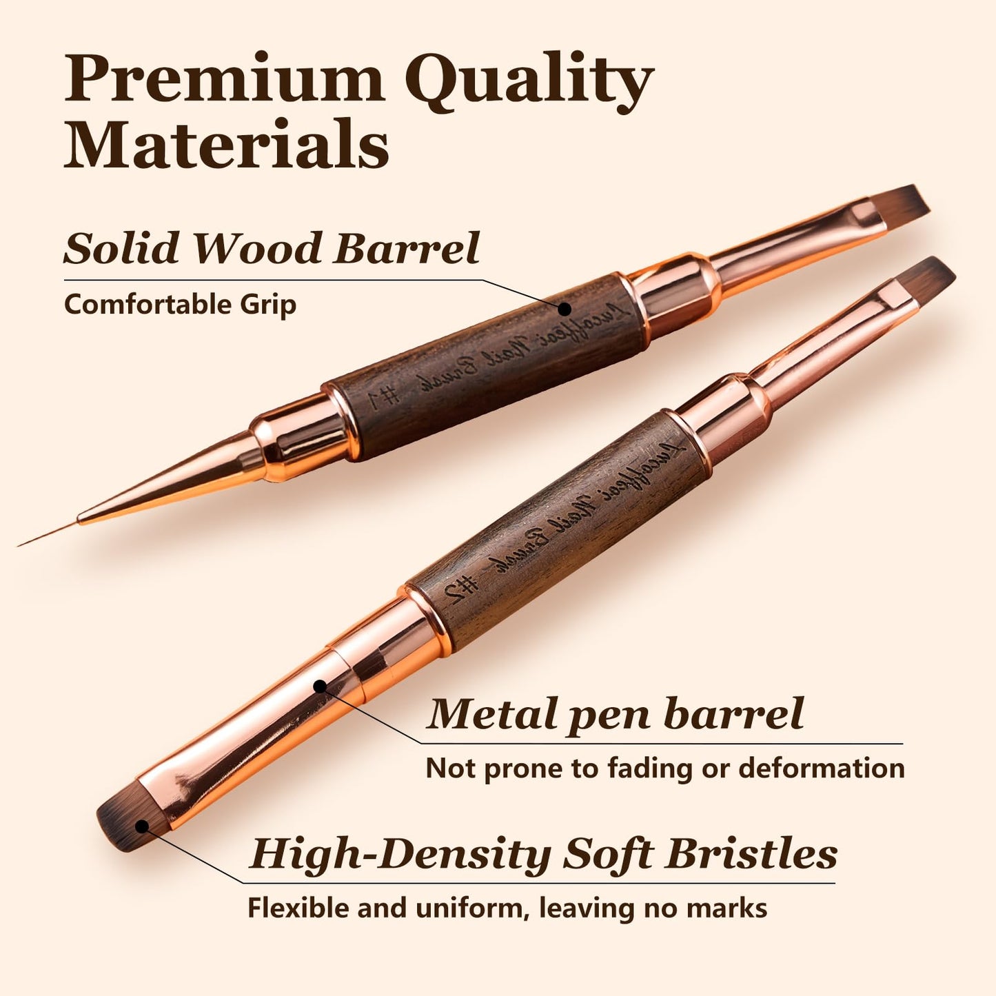 Nail Brushes Set for Builder Gel & Polygel, 2-Pack Double-Ended with Wooden Handles & Pouch (Round + Square, French tip + Liner)