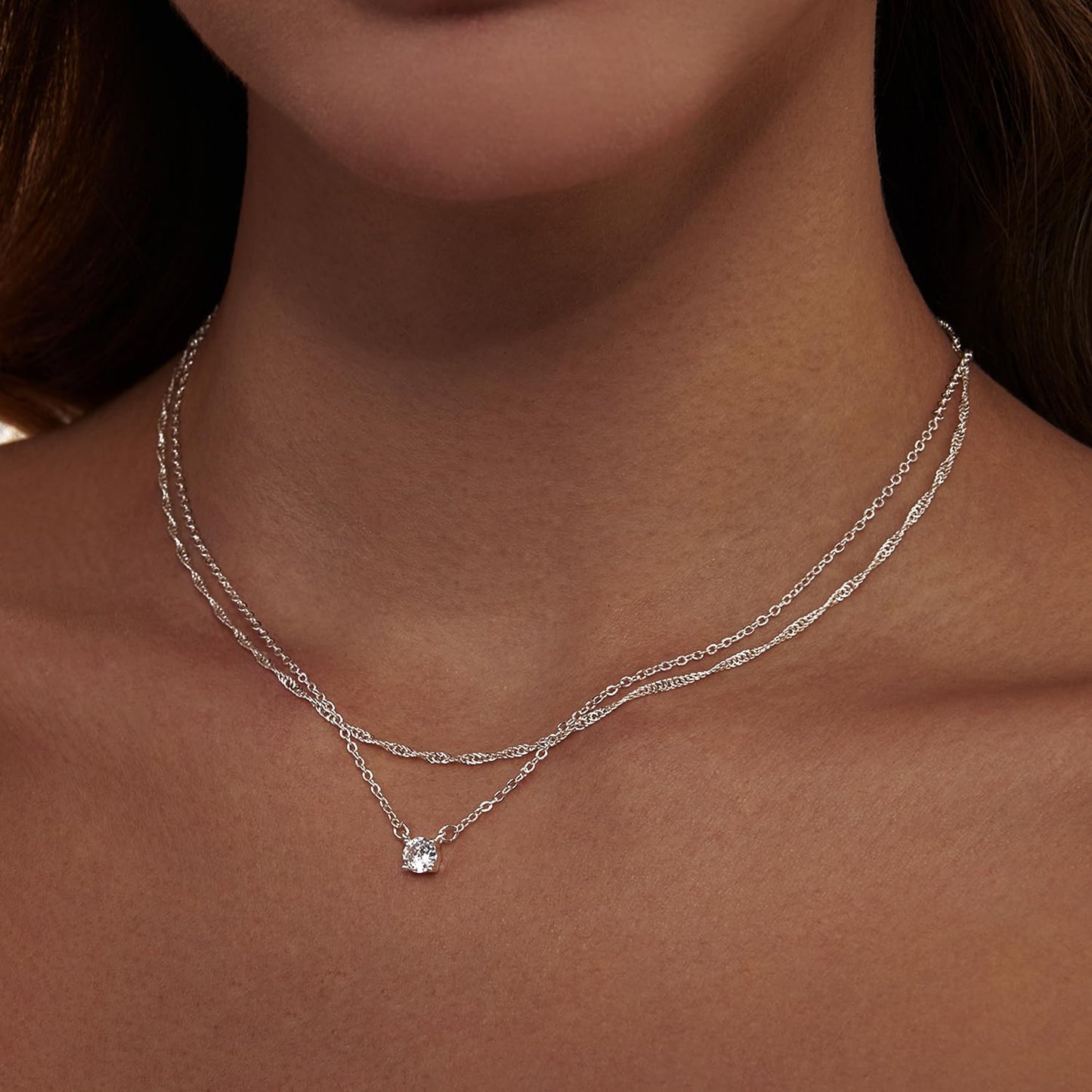 Zeffy Silver Dainty Pendant Necklace, Simple Silver CZ Diamond Choker, 16"+2" Extender, Perfect for Women
