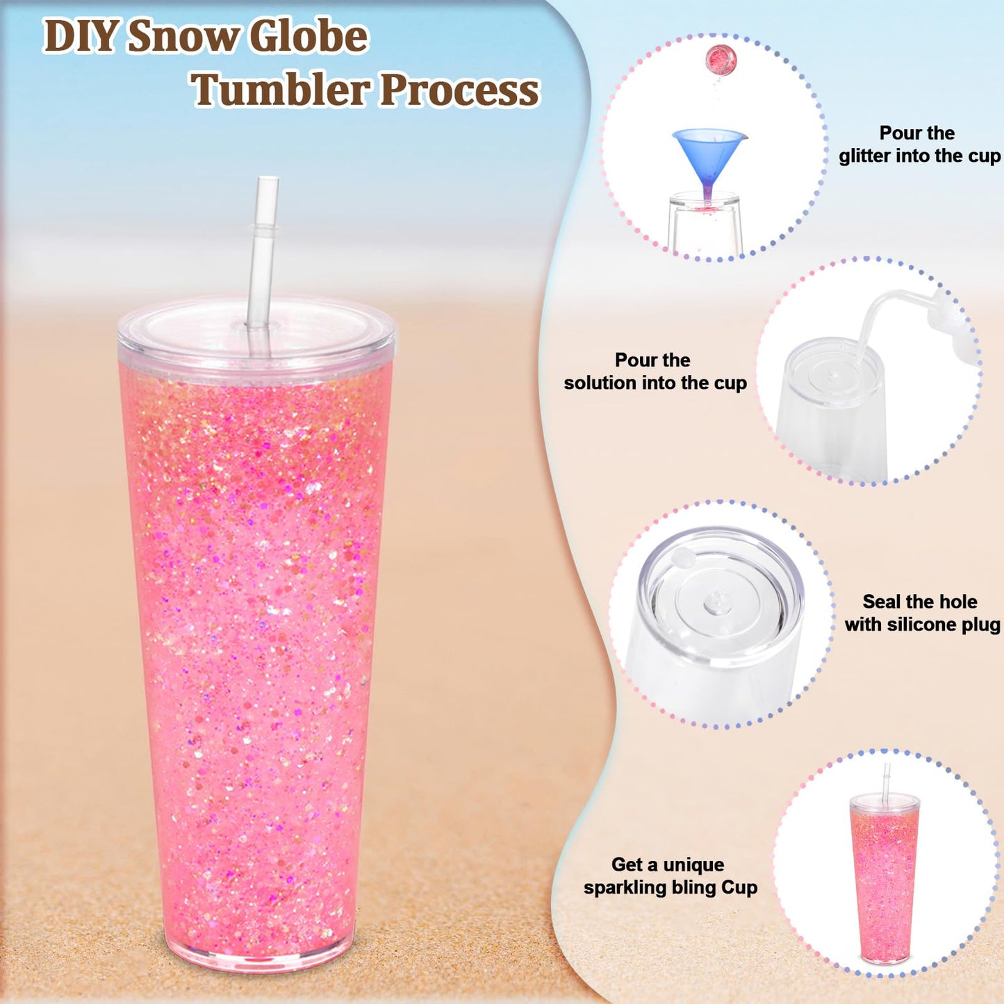 Micellwuu 8 Pack 24Oz Snow Globe Tumblers, Double Wall Acrylic Snowglobe Cup with Pre Drilled Hole, Lids, Straws and Plug, Reusable Clear Plastic Tumbler for Snow Globe Glitter DIY