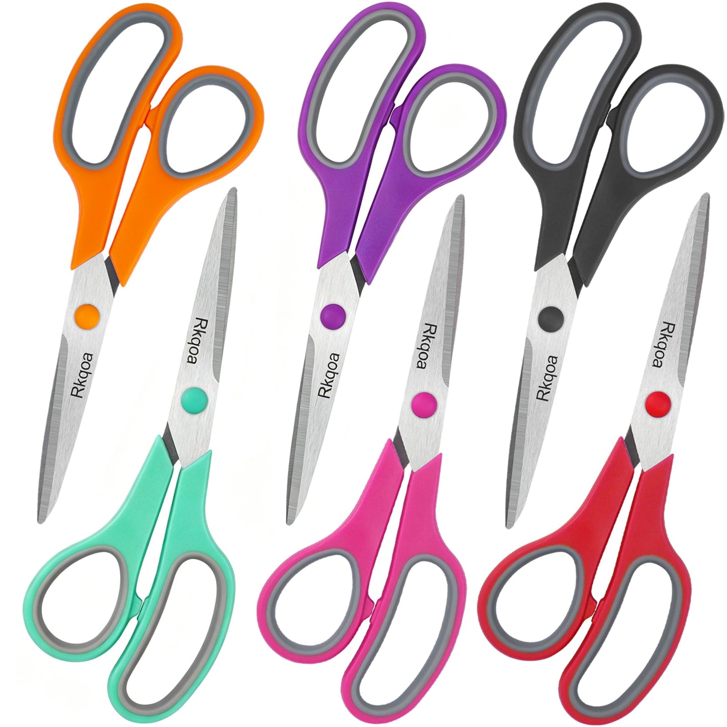 Scissors, Rkqoa 8" Scissors All Purpose 6 Pack - Comfort-Grip Sharp Scissor for Office School Adult Art Sewing Fabric Craft Supplies, Teacher/Classroom Everyday Use, Right/Left Handle