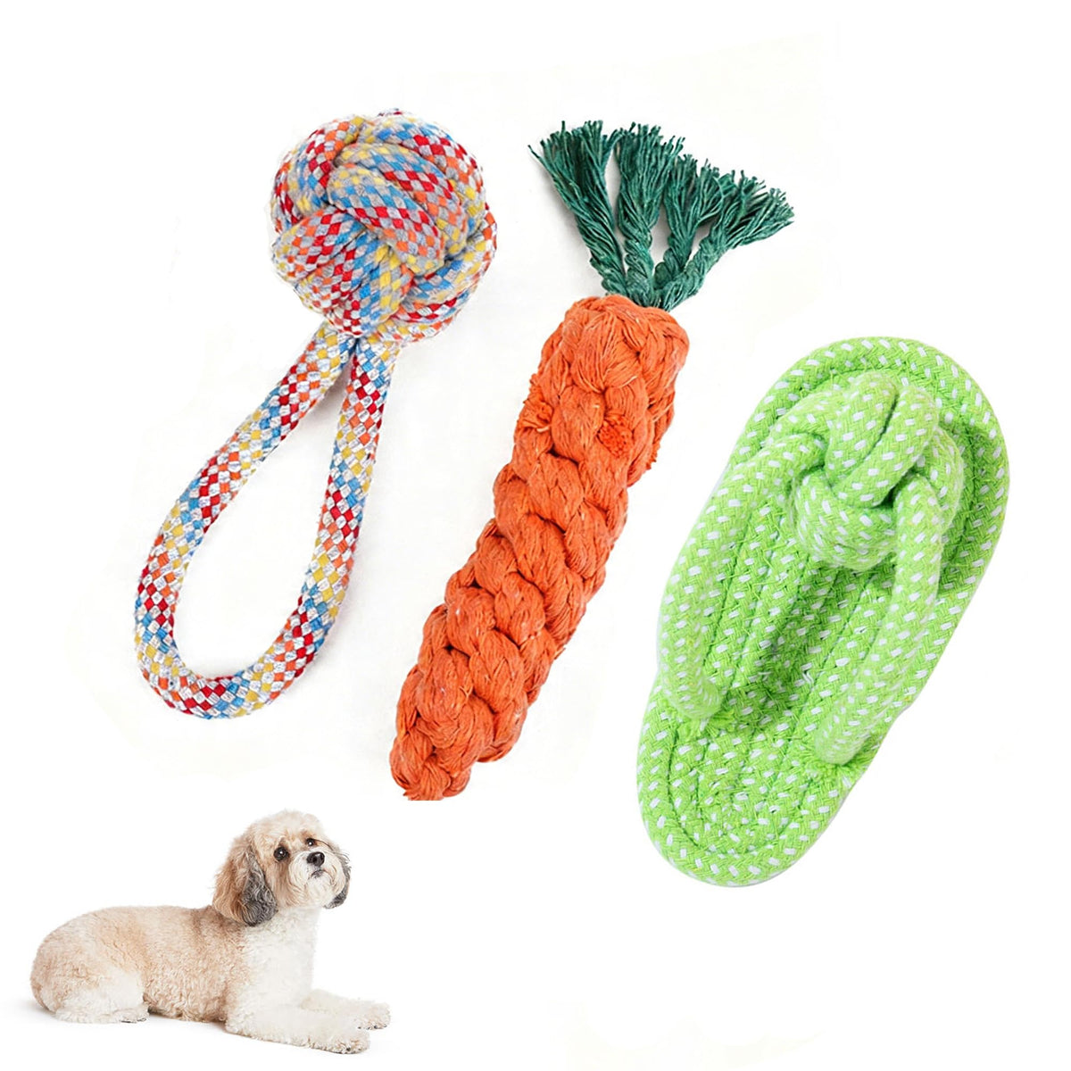Hoyweo 3PCS Natural Cotton Rope Toys for Small Dogs and Puppies, Dog Dental Care Chew Toys for Teething, Anxiety Relief, Helps Clean Teeth & Prevent Furniture Destruction(Corn cob Set)