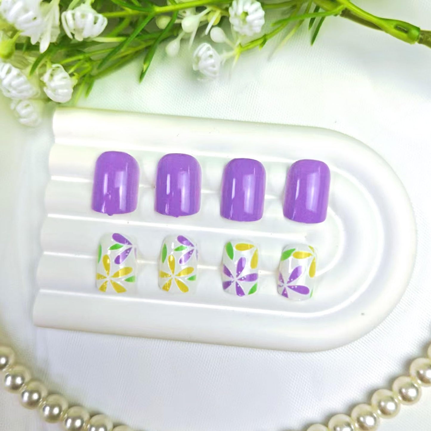 Short Press on Nails Square Fake Nails with Colorful Flower Designs Purple Nails Press ons Spring Summer False Nails for Women 24Pcs