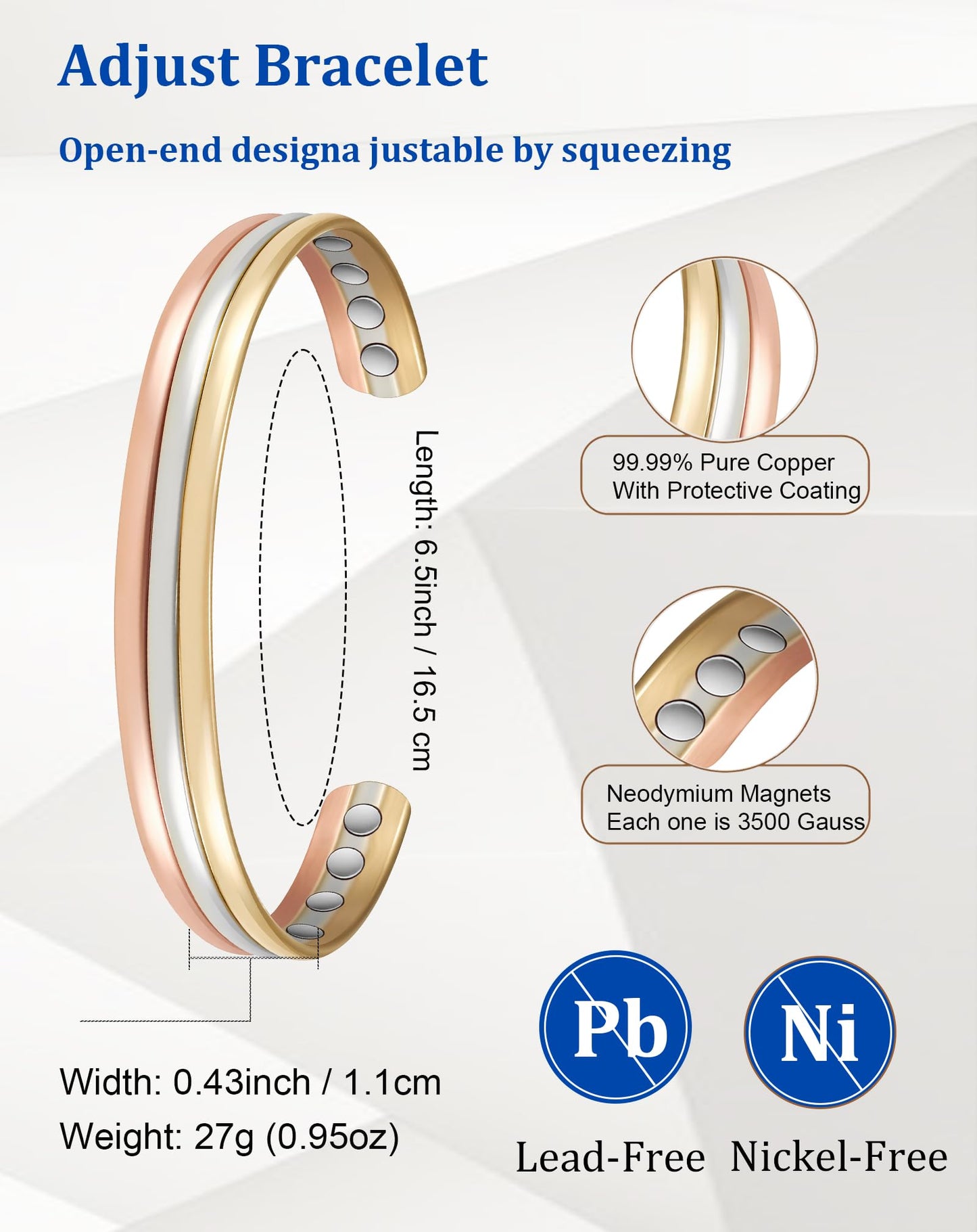 MagSølv Copper Magnetic Bracelets, 99% Pure Copper Bracelet for Women with 3500 Gauss, Adjustable Tricolor Gold Jewelry Gift