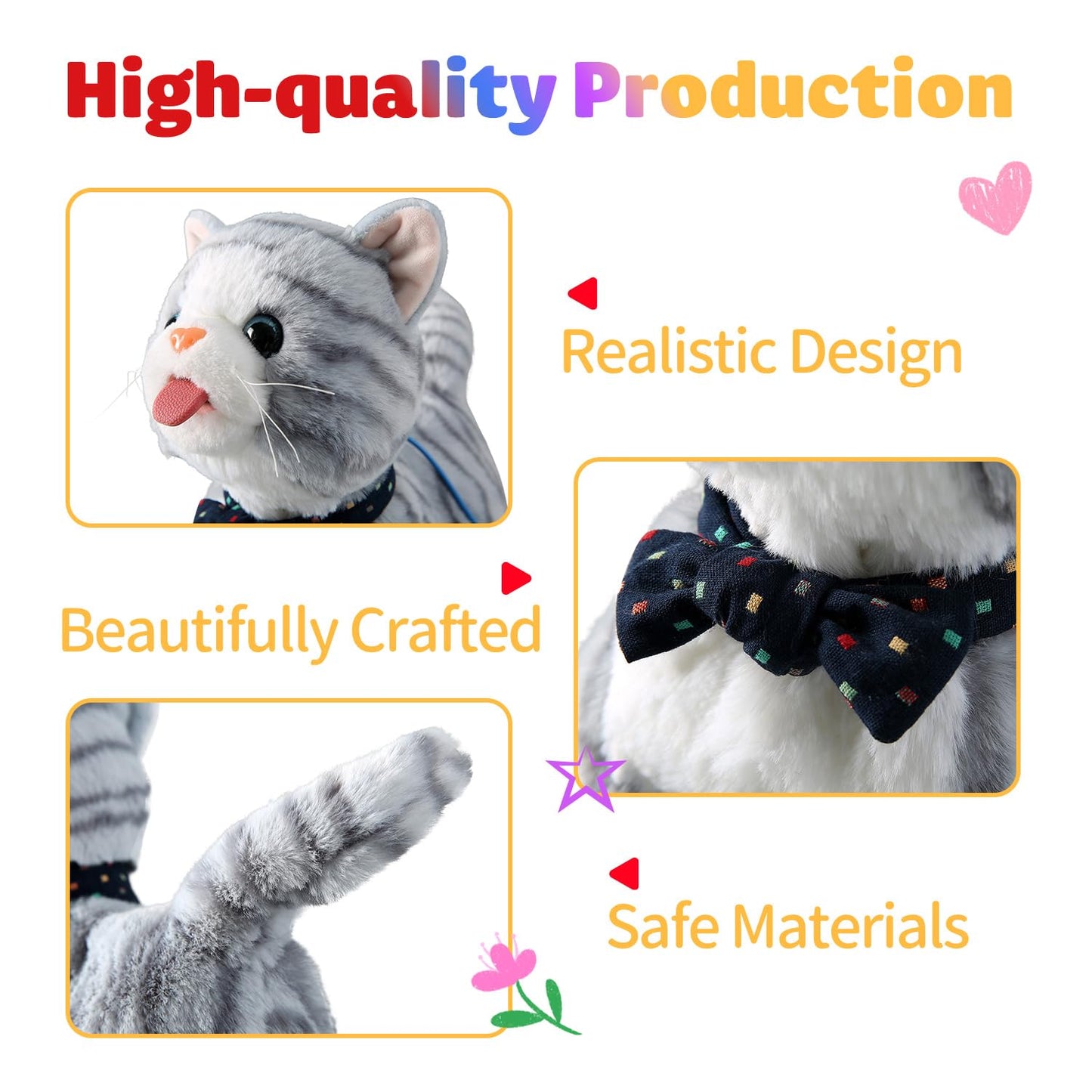 Gray Walking Cat Toy for Girls Kittens Interactive Talking Cat Meows Singing Dancing Mimicking Kitty Toys Set for Baby with Leash Plush Electronic Robot Kitties for Kids Toddlers