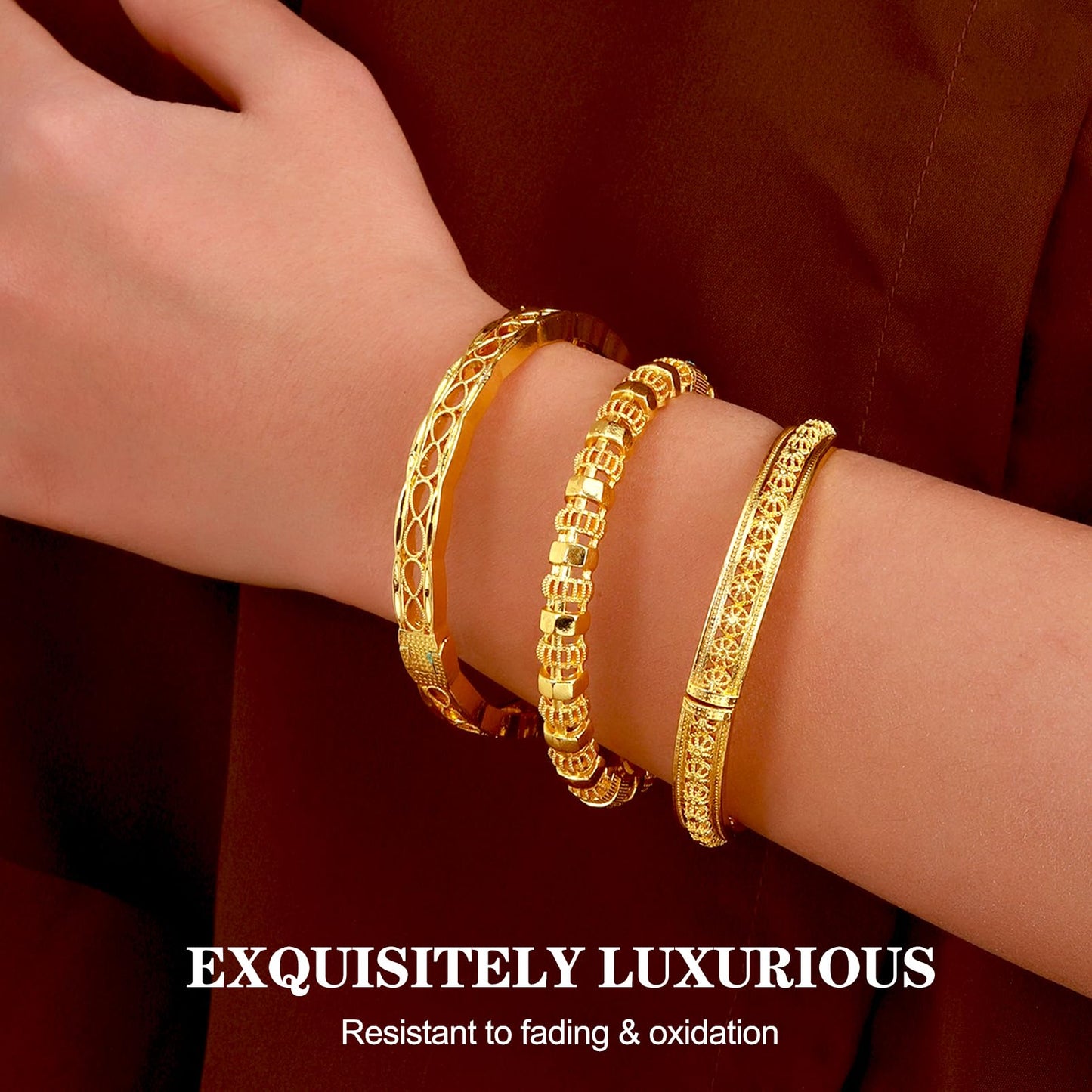 FIVESWEET 21 Pack 18K Gold Plated Women's Bangle Bracelet Set - Stackable Bulk Bracelets with Hollow Out Carving, Geometric Pattern, Flower & Butterfly Designs, Minimalist Stylish Elegant, Tarnish & Oxidation Resistant, Gift for Her Girlfriend Wife Mom Si