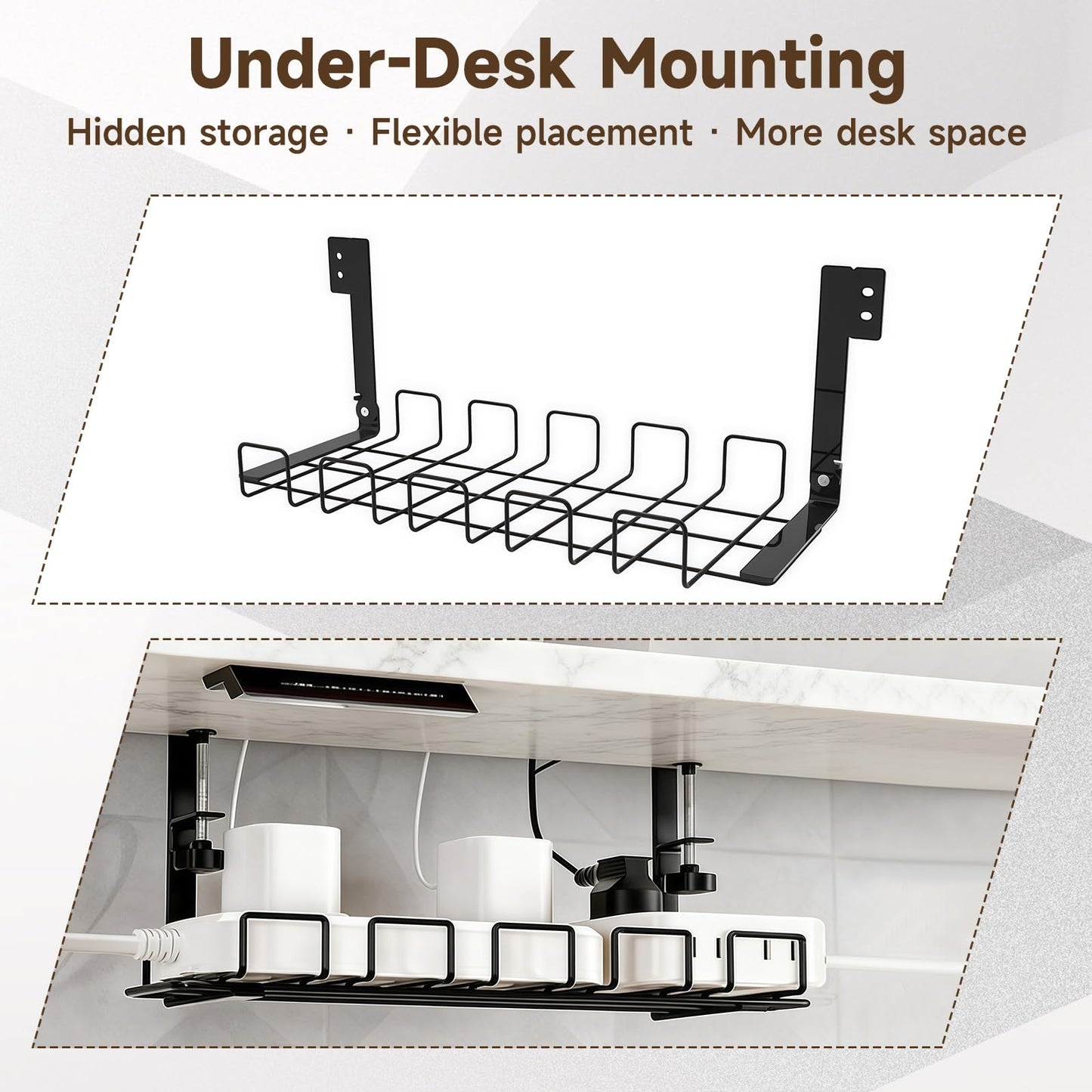 Risirica Clamp on Desk Shelf,17'' 2 Tier Office Desk Shelves Organizer with Under-Desk Hidden Storage Basket,Wood Desktop Supplies Storage Rack for Home Workspace, Study Rooms,Gaming Devices (Black)