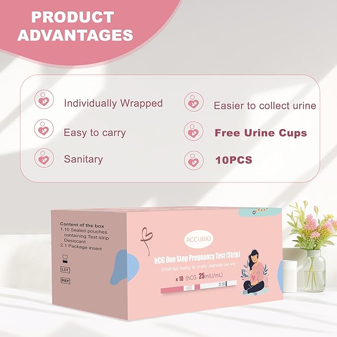 Pregnancy Test Strips with Urine Cups, hCG Detection Home Pregnancy Test, Sensitive & Over 99% Accurate, 10 Count Individually Wrapped, Rapid Prenancy Tests Kit 5mm Wider 25mIU/mL