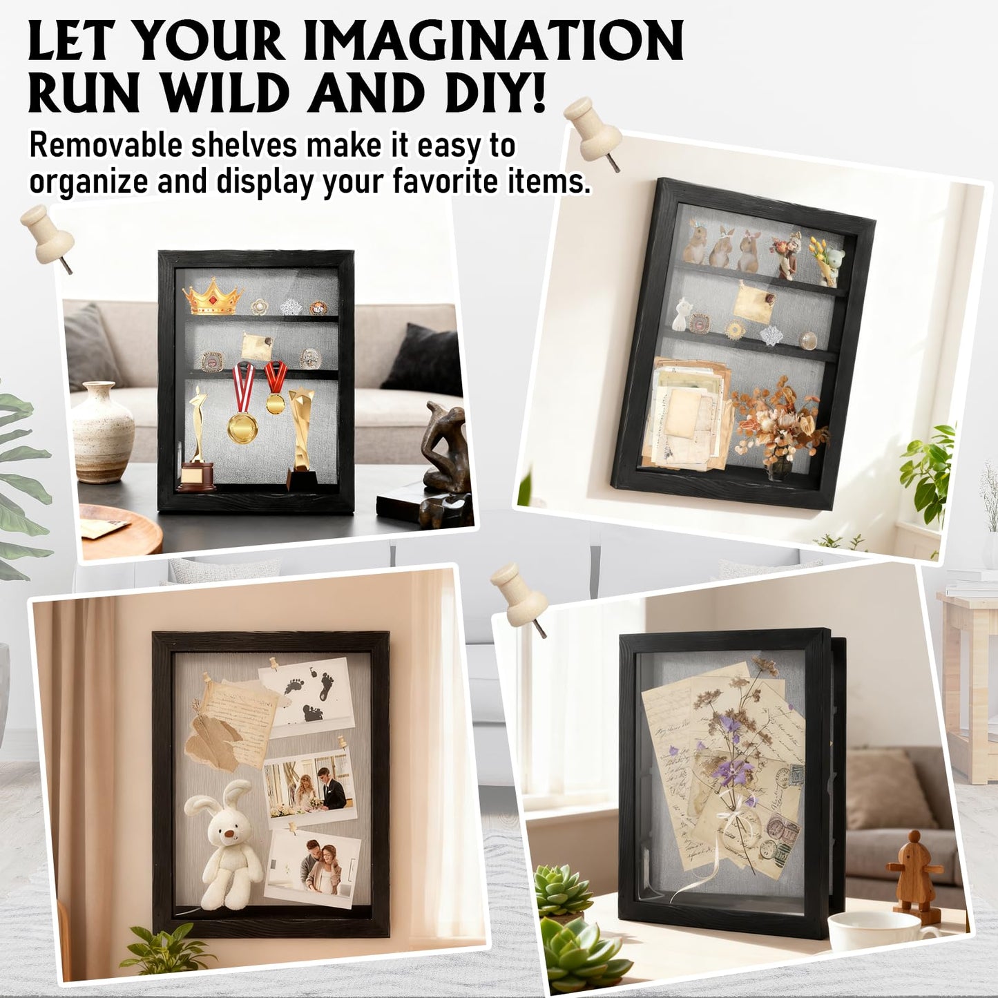 Shadow Box 14x11 Black Picture Frames Display Cases with LED Light,Memory Keepsakes Boxes with 4 Removable Trinket Shelf,for Anniversary Wedding Baby Graduates Memorial Collect-Distressed Retro