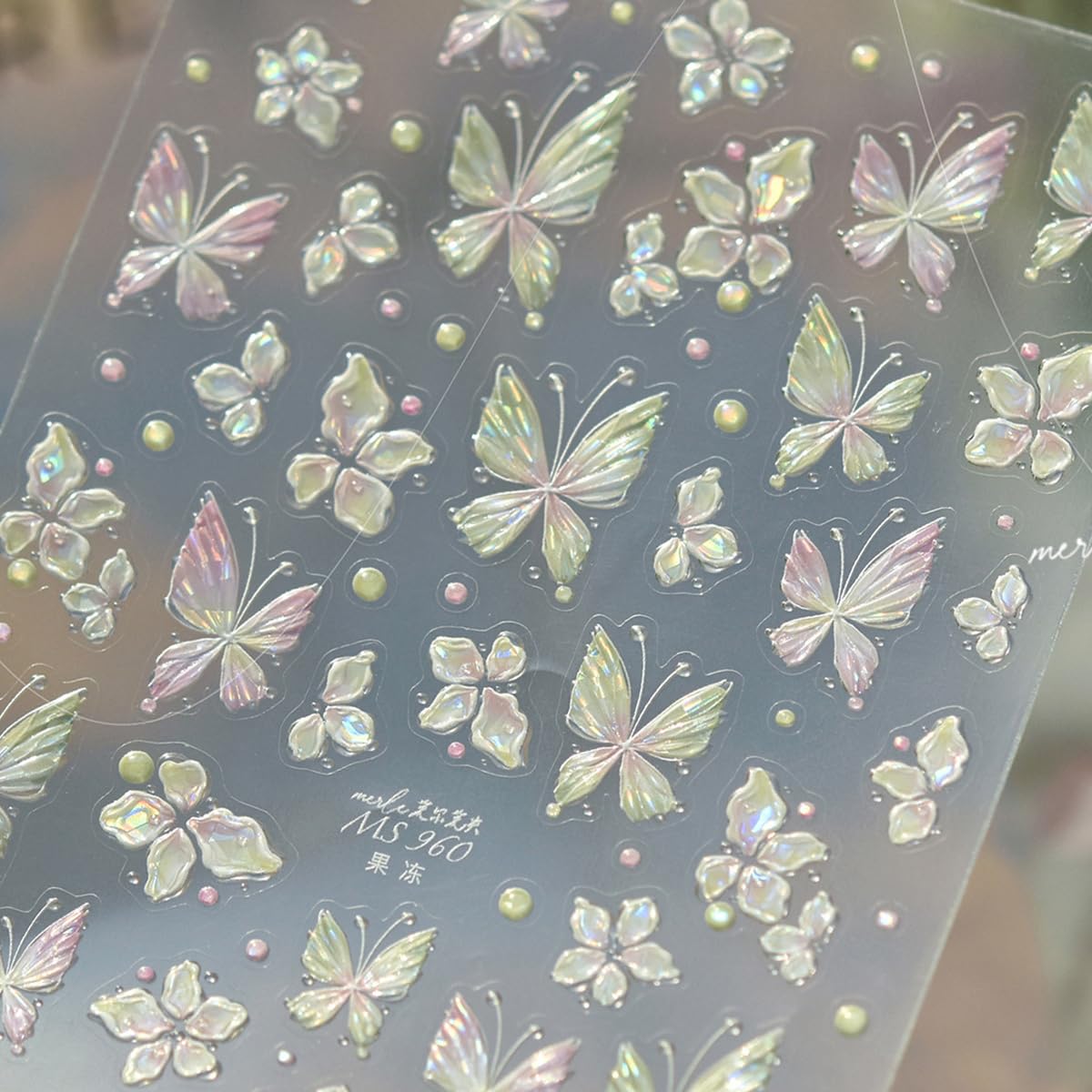 Spring Sparkly Butterfly Nail Stickers Jelly Butterfly Floral Nail Art Stickers Pink Green Gradient Design Flower Butterflies Nail Decals for Women Spring DIY Manicure Decor 1Pcs