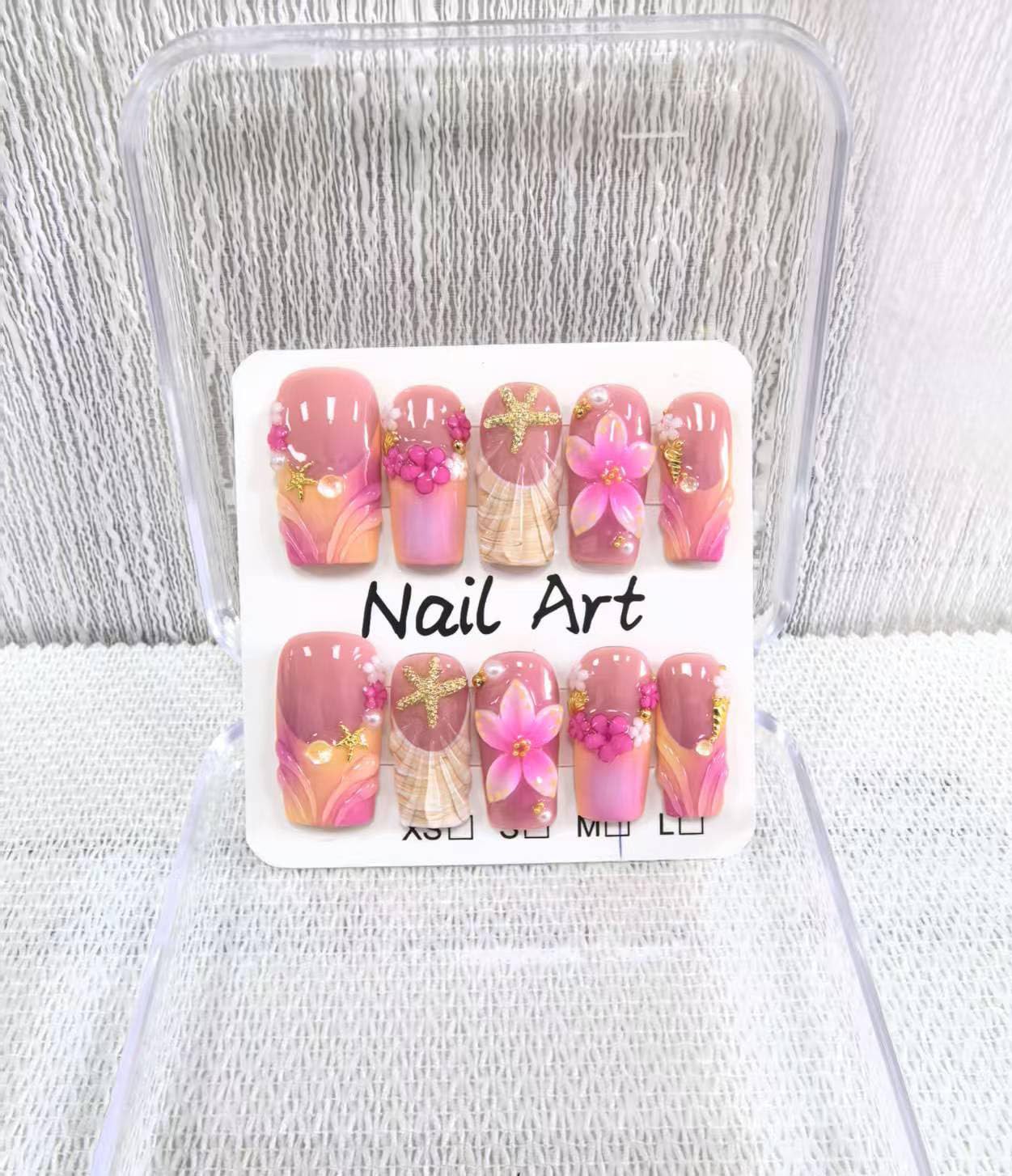 Handmade Press on Nails Medium Square Fake Nails Pink French Tip with 3D Flower Designs Beach luxury Glossy Cute Acrylic Nails for Women 10pcs (Size M）