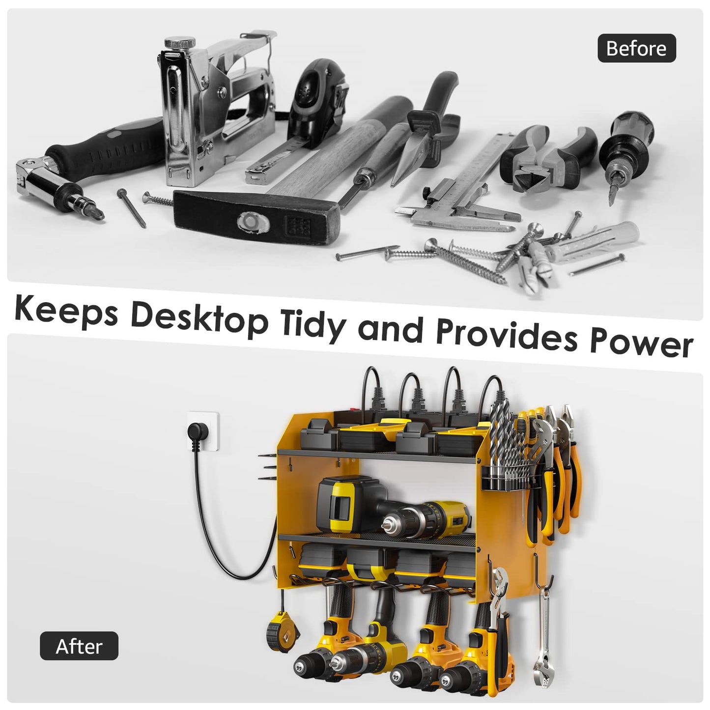 CCCEI Modular Power Tool Organizer Wall Mount with Charging Station. Garage Drill Storage Shelf with Hooks, Heavy Duty Rack, Tool Battery Holder Built in 8 Outlet. Gift for Men. Yellow, 1 Pack.