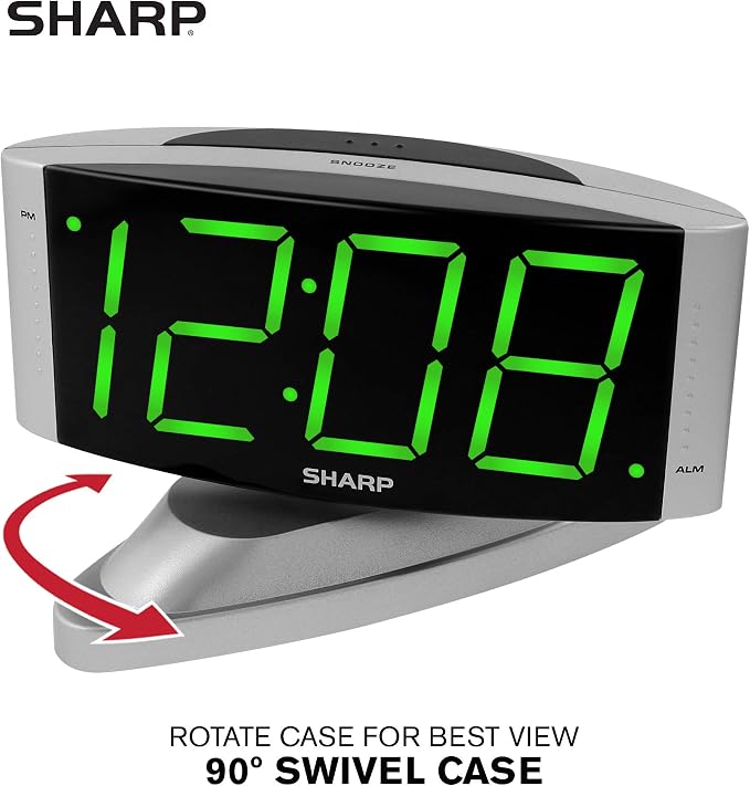 Sharp Digital Alarm Clock with Swivel Base, Green LED, Dimmer, Silver | Large green LED digits; Adjustable swivel base; Brightness dimmer; Snooze alarm; Simple controls; Silver case