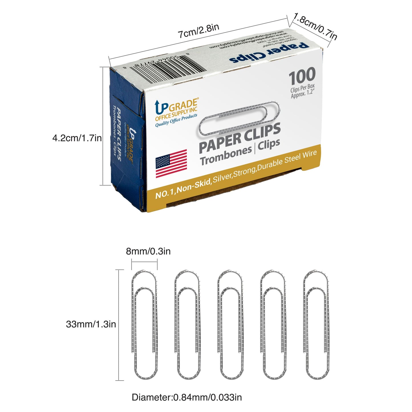 Upgrade Office Supply Paper Clips No. 1, Non Skid, 1.2 Inch, 1000 Count (10 Boxes of 100), Silver, USA