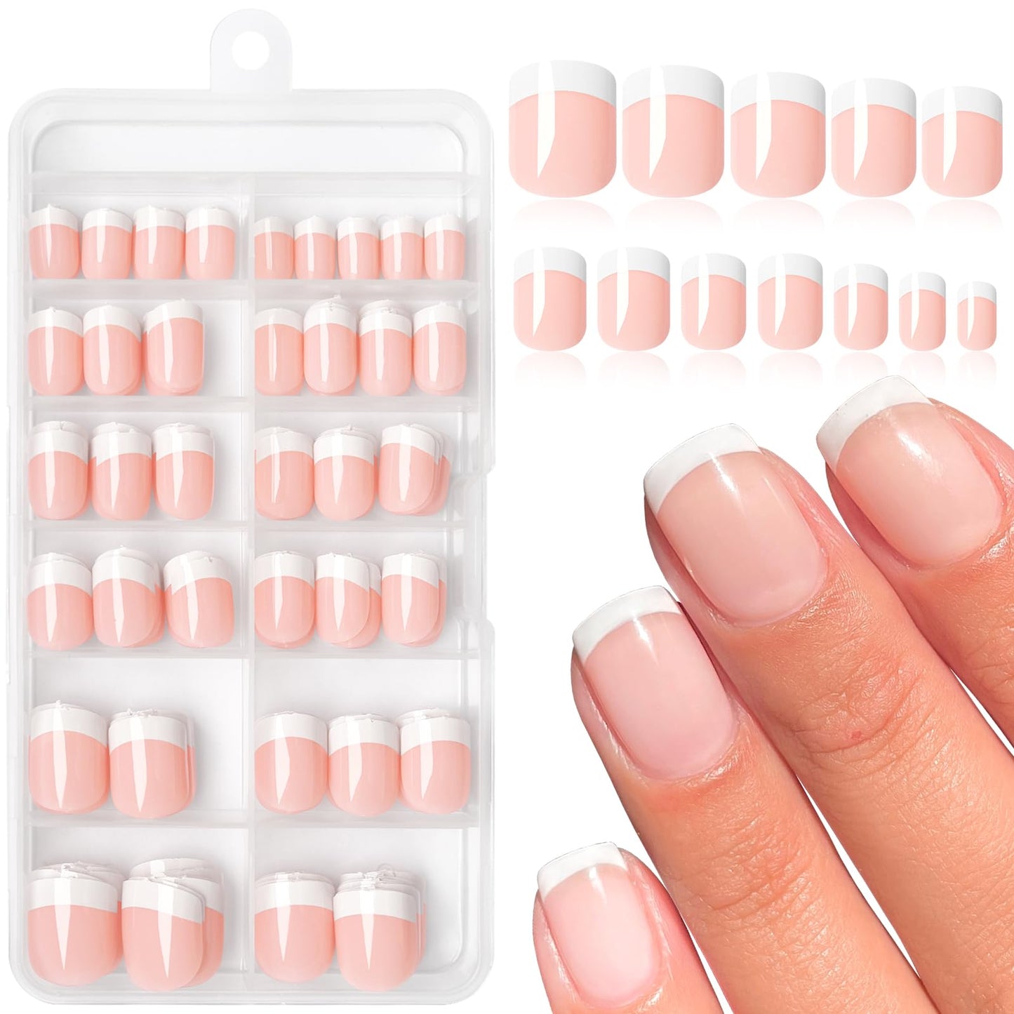 Lifextol 240pc French Tip Press On Nails Short Square Set, White French Tip, Plastic, Press-On False Nails, 120pcs per Set, 240pcs Total