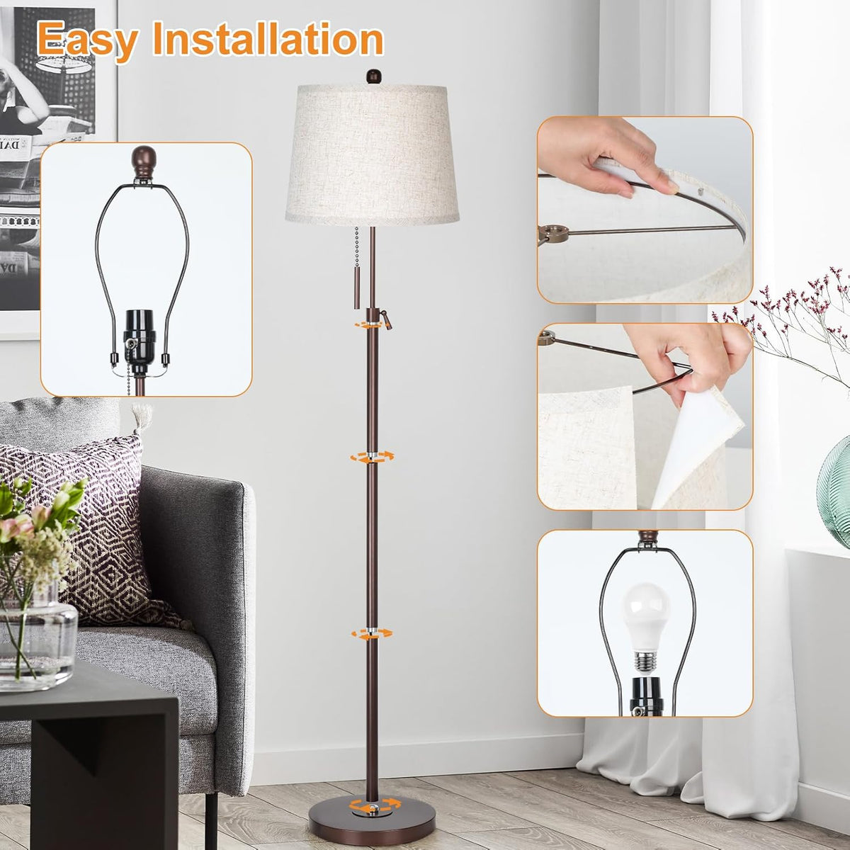 Modern Floor Lamp Adjustable Height Standing Lamp Tall Lamp with 3 Color Temperatures Floor Lamps for Living Room Bedroom Office Beige Shade Bulb Included-Brown