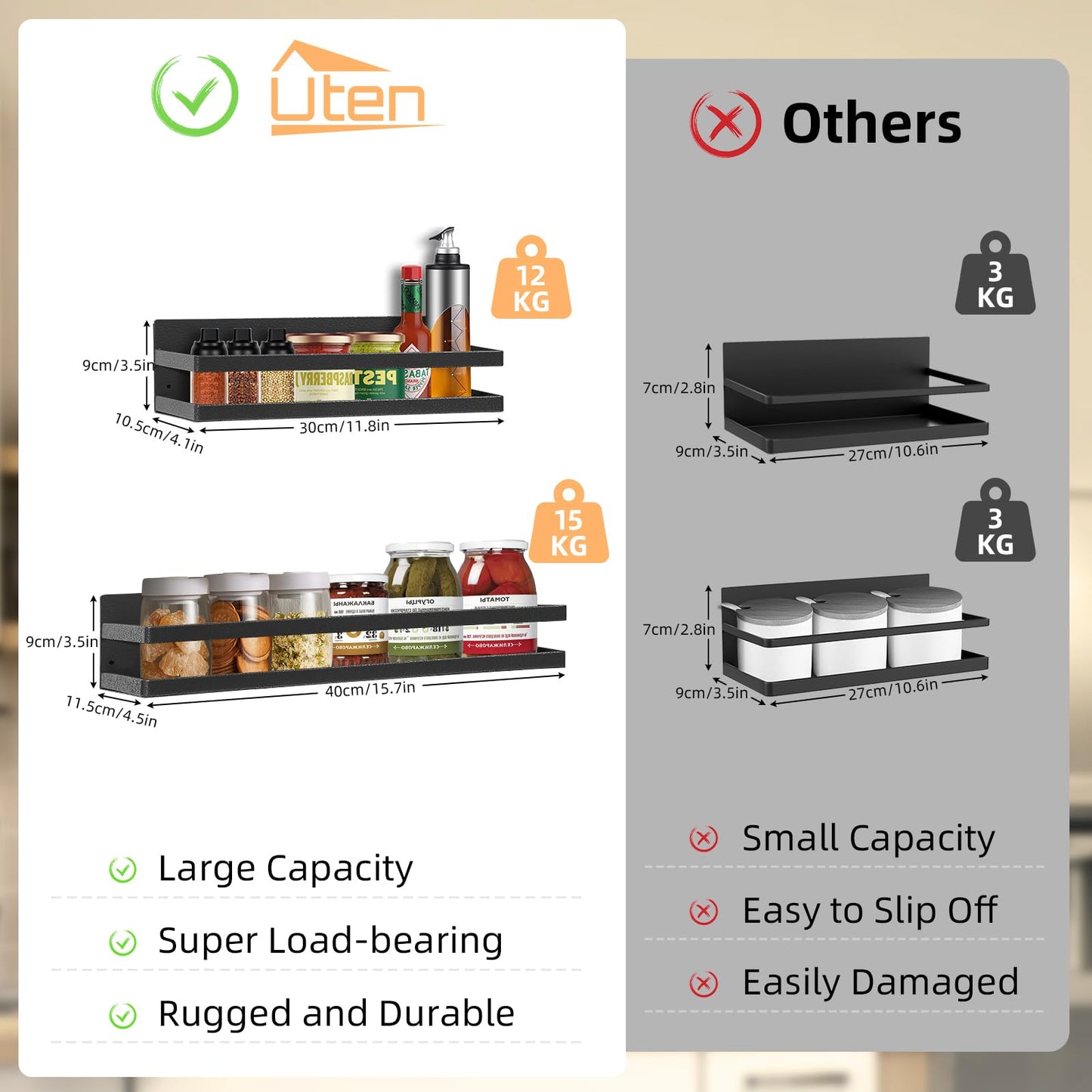 Uten Large Spice Rack for Refrigerator, 2 Pack Strong Magnetic Shelves, Moveable Fridge Organizer for Kitchen Holding Spices, Jars
