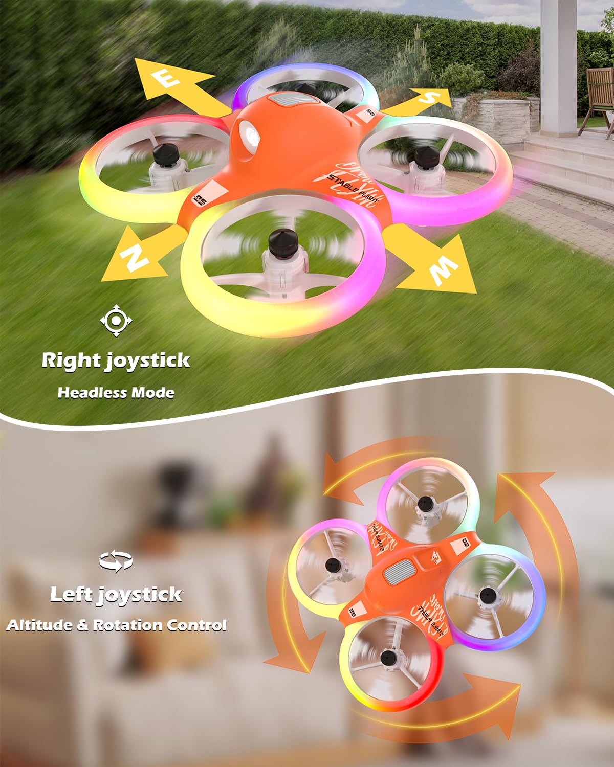Drone for Kids with Colorful Light, Mini Indoor RC Drone Quadcopter Toy with 360 Flip, Altitude-Hover, Self-Rotation, 3 Speed Modes, 2 Batteries for Boys Girls and Beginners