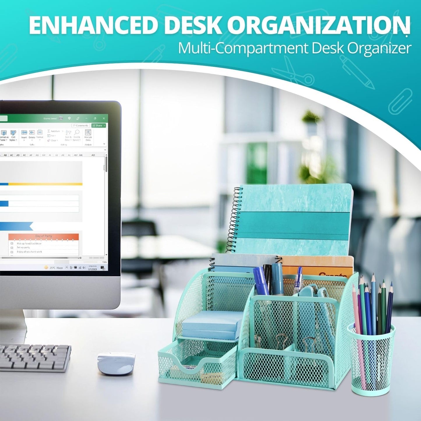 Flexzion Desk Caddy Organizer Set (Green) - Metal Mesh Desktop Caddy with Drawers, 6 Compartments, and Pencil Holder for Women & Men - Desktop Organizer and Storage for Work or Office Supplies