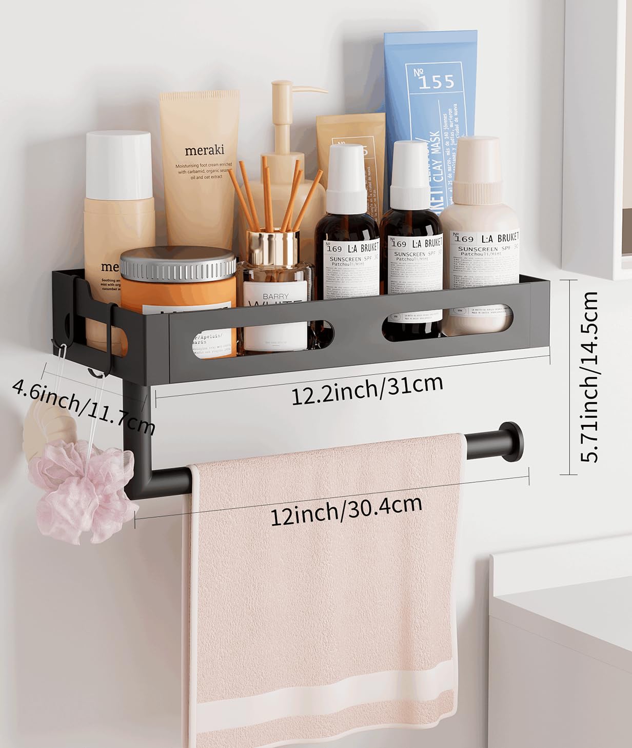 Paper Towel Holder Wall Mount for Kitchen, One-Handed Tear, Bathroom Paper Towel Holder with Shelf, RV Paper Towel Rack Wall Mount Paper Roll Holder with 4 Hooks, Matte Black