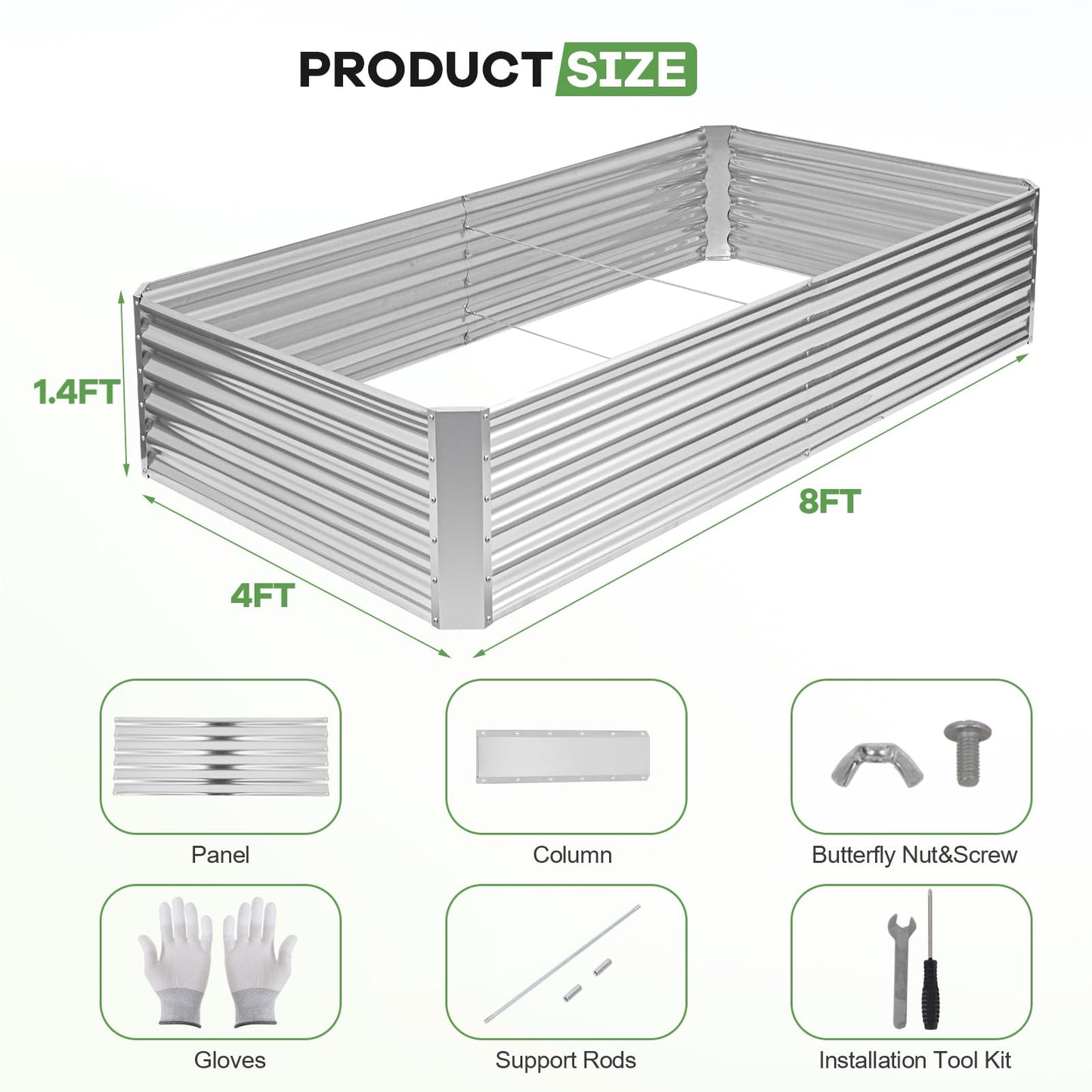 HEALSTOK Galvanized Raised Garden Bed Kits, Metal Planter Box Outdoor, 8x4x1.4ft Rectangular Steel Planter Bed for Vegetables, Fruits, Flowers, Herbs(Silver)