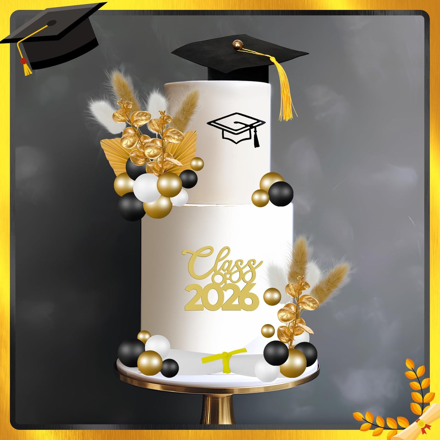 41 Pcs Graduation Cake Decorations Kit Including Class of 2026 Graduation Cake Topper Graduation Cap Diploma Folding Fan Cake Balloon Topper Foxtail Grass for Senior College Grad Congratulations Party