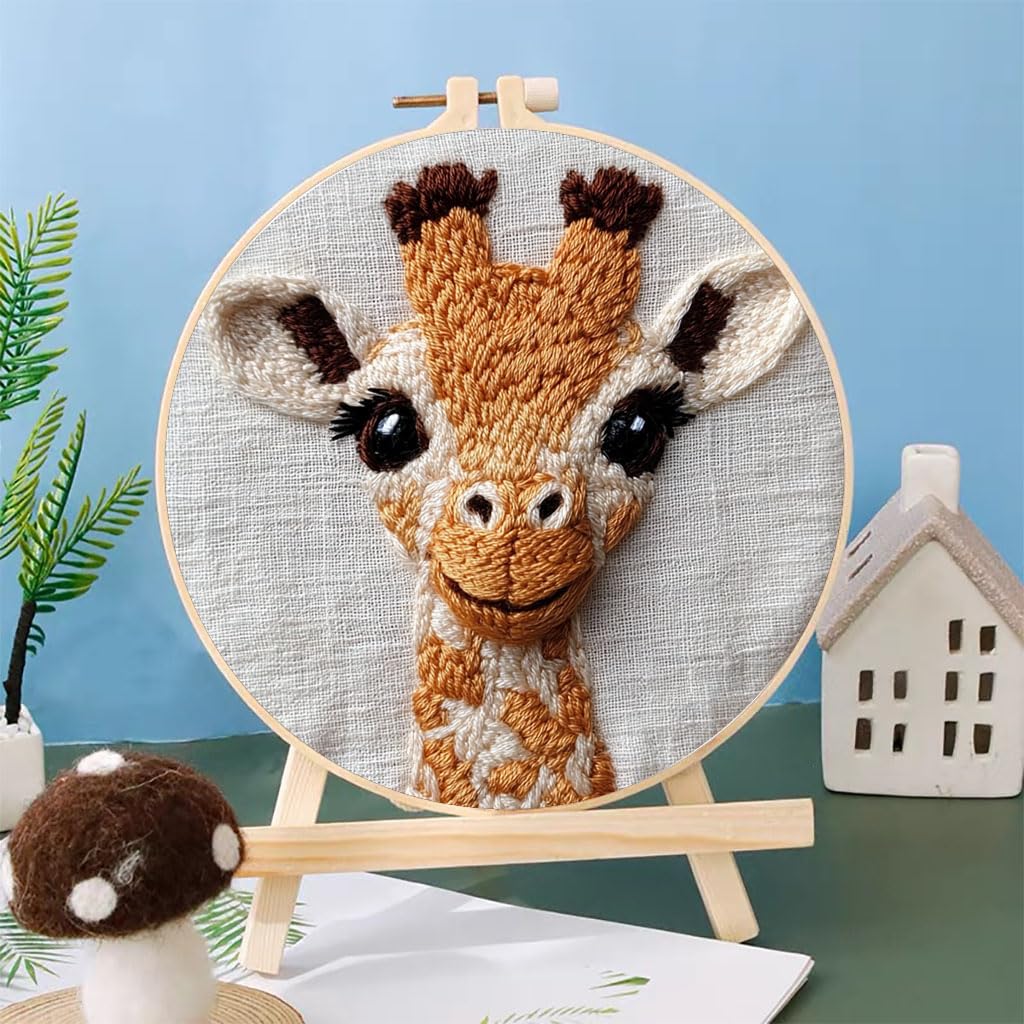 Punch Needle Kits Cute Giraffe Embroidery Starter Set with Hoop Easy for Beginners DIY Stress Relief Handmade Craft Hobby and Home Decor 20x20cm-1