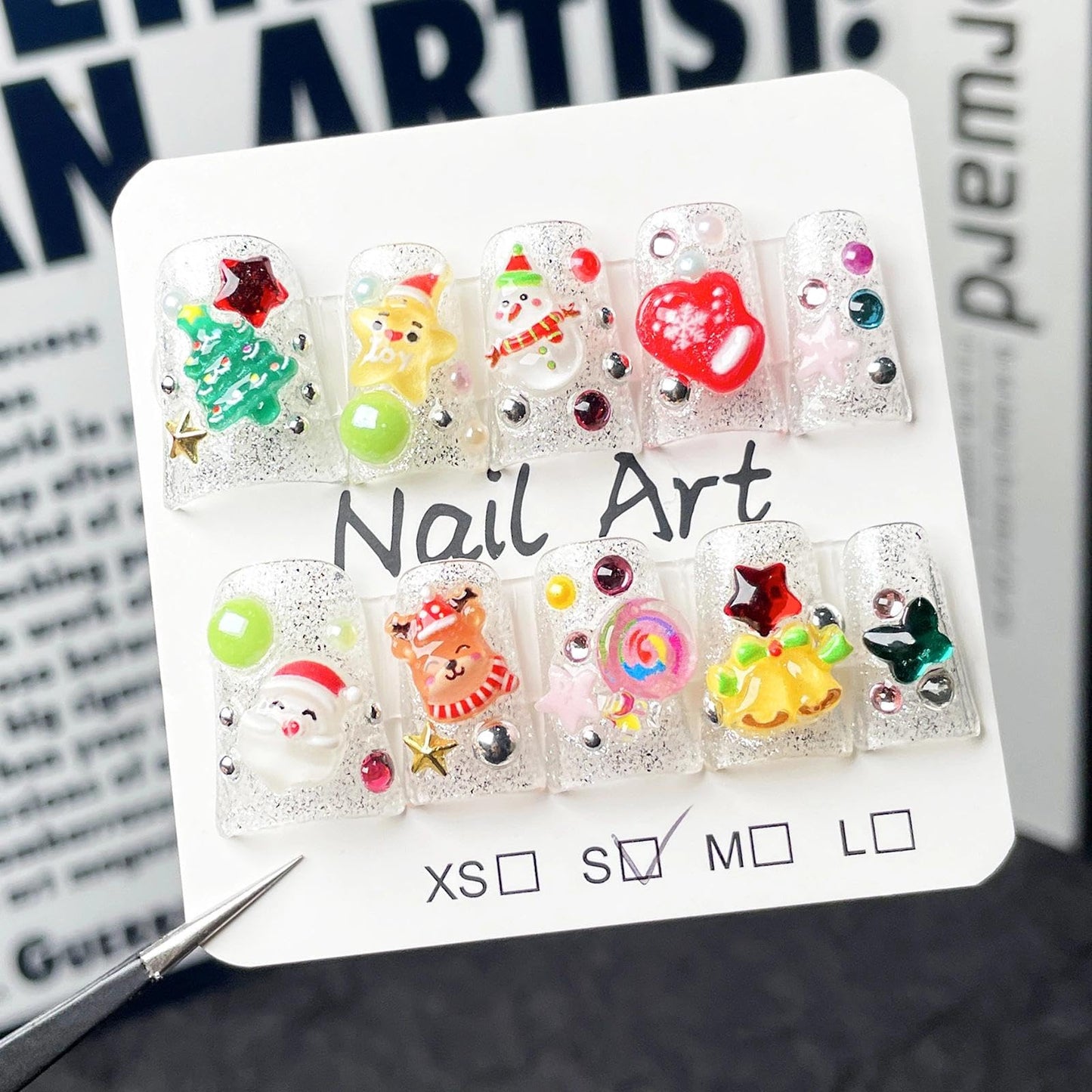 Handmade 3D Sweet Christmas Element Square Press On Nails, Glitter Rhinestone Festive Artisan Nails Set, Reusable Glossy Press-ons with Tool Kit(S)