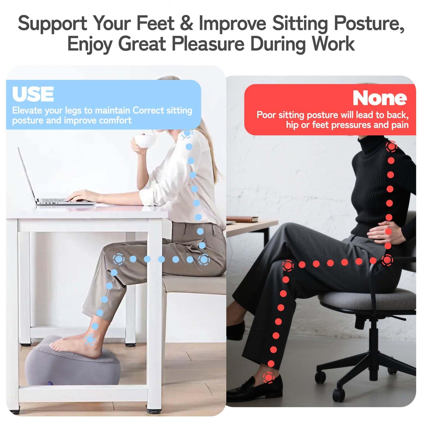 Inflatable Foot Rest for Airplane Travel & Office, Portable Leg Rest Pillow, Elevating Feet for Economy Flight, Home Desk, Car Use - Grey