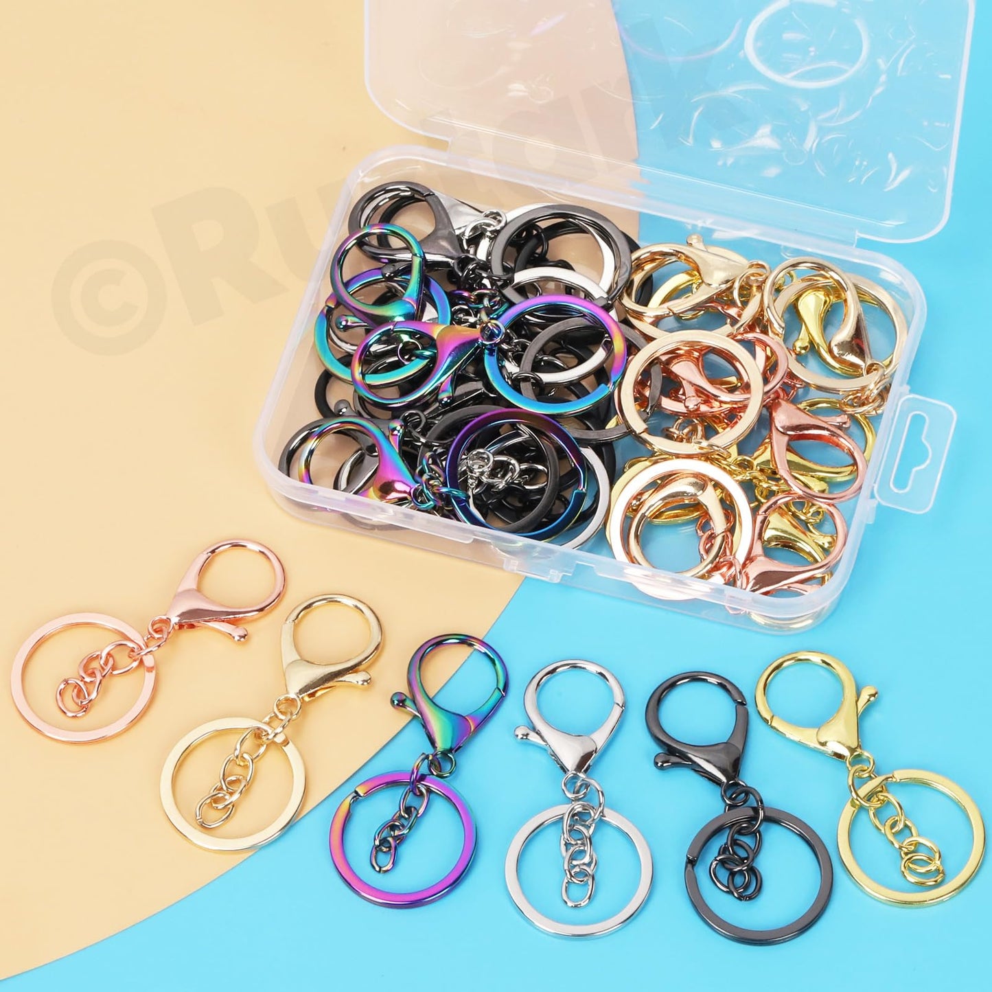 Rustark 28Pcs 7 Colors Lobster Claw Clasp Keychain Set Swivel Snap Hooks with Key Chain Rings Swivel Trigger Clips with Flat Split Ring Keychain Making Kit for DIY Craft Jewelry Making