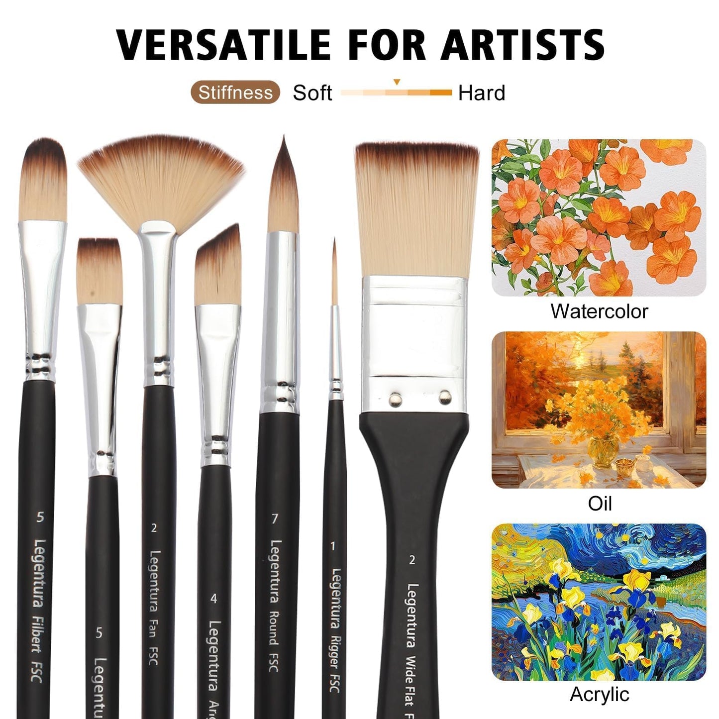 Legentura 25 PCS Paint Brush Set for Acrylic, Oil & Watercolor, Artist Brush Kit with Flat, Filbert, Fan, Round, Liner, Dagger & Angle Brushes, Synthetic Bristles, Roll-Up Case