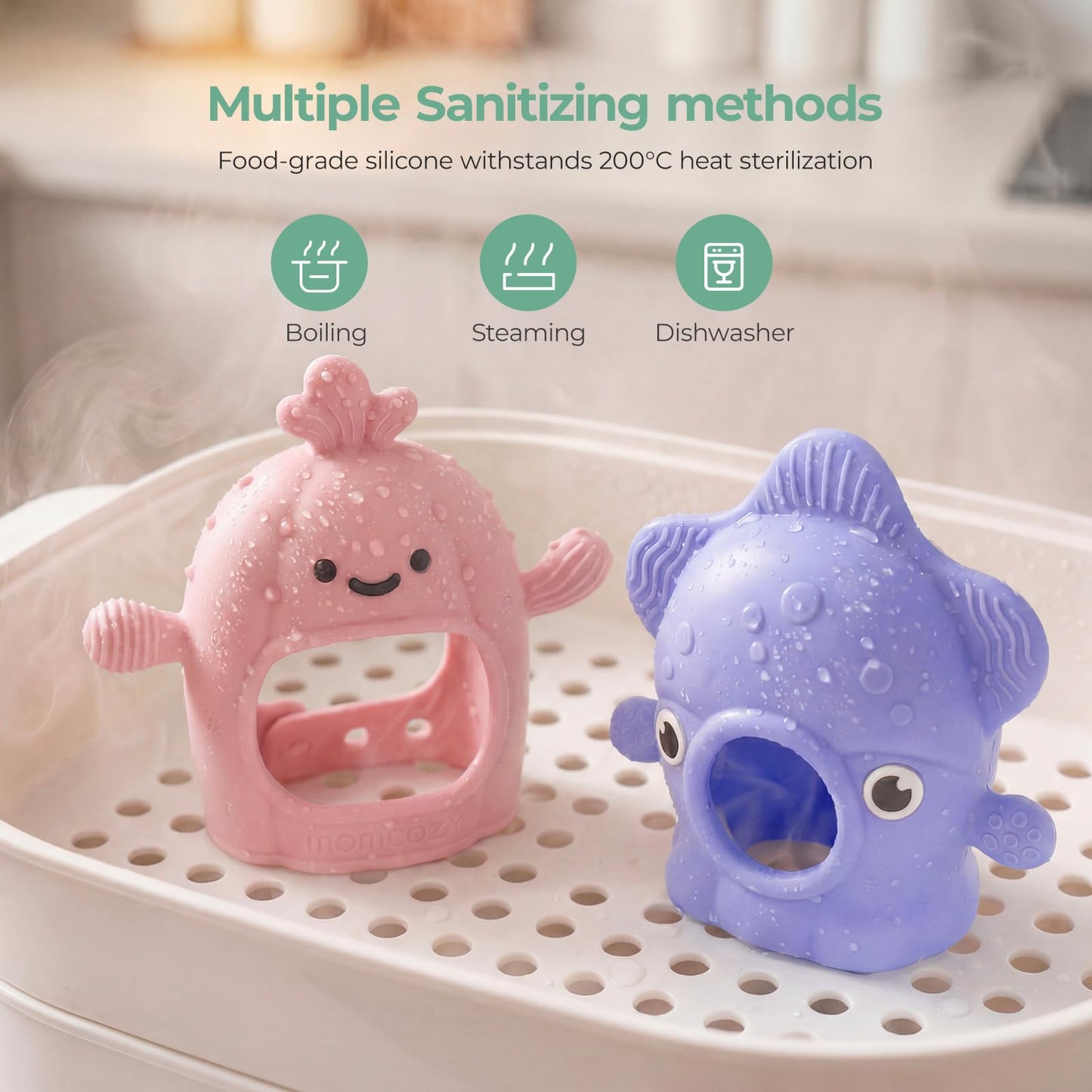 Momcozy Teething Toys, Food Grade Silicone Baby Teether for 0–12 Months, Baby Adjustable Teethers Mitten, Easy Grip Teething Relief with Multiple Chew Points,Sensory Exploration & Early Learning，Blue