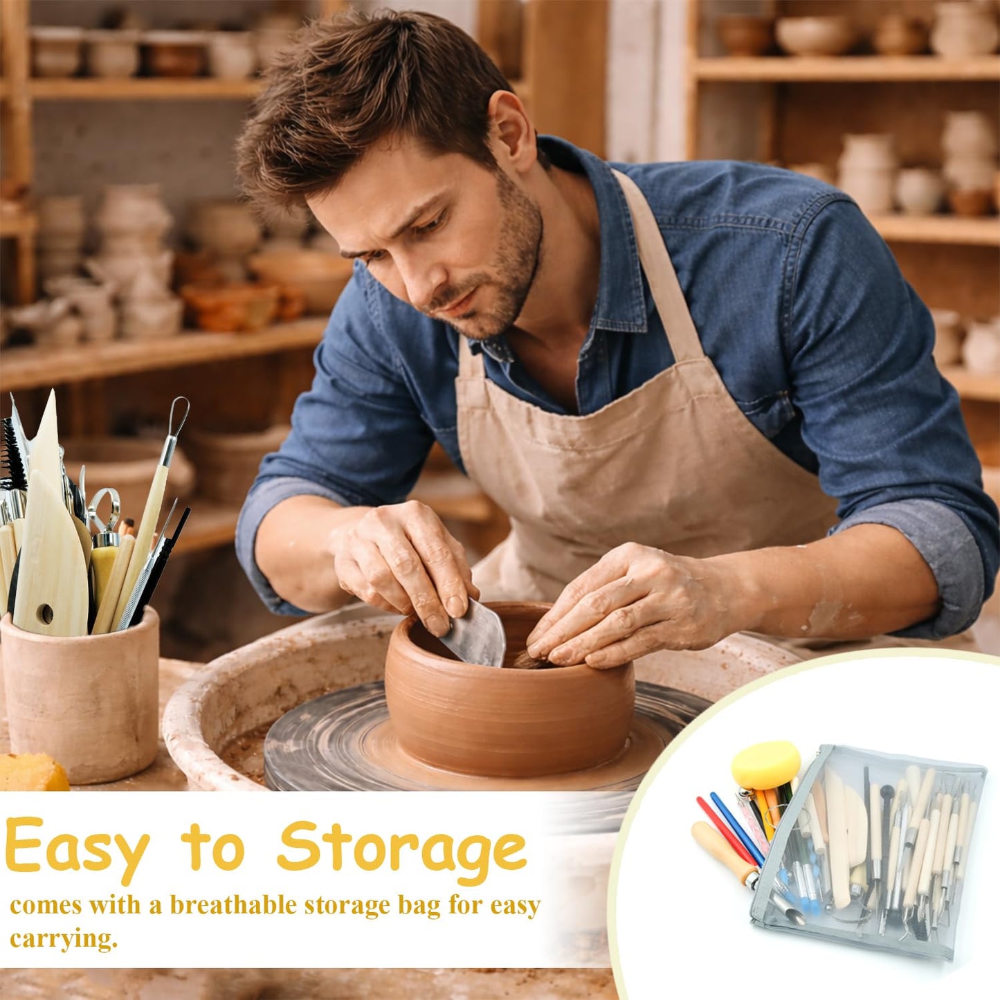 OMTRS Clay Sculpting Tools Kit, Pottery Clay Tools for Adult, Beginners and Artists, Pottery Carving Kit for Pottery, Dotting, Molding, Shaping (Natural)