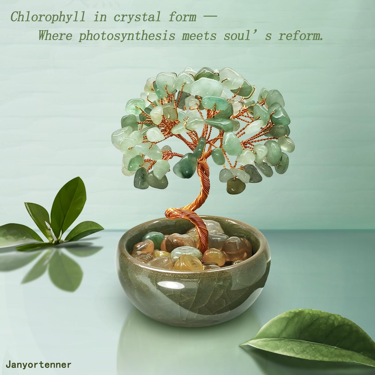 Janyortrenner Green Aventurine Crystal Tree,Harmony Office Desk Home Decor,Vitality Gift with Copper Wire in Ceramic Base