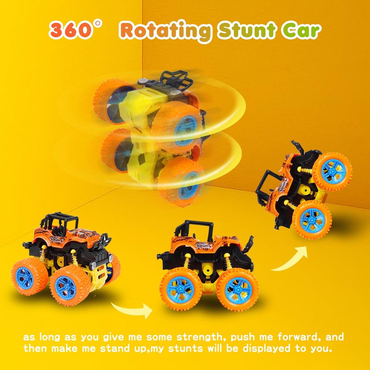 LEFEI Monster Truck for Boys 3 4 5 6 7 Year Old,4 Pack Push and Go Friction Powered Car Toys, Double-Directions Inertia Pull Back Vehicle Set,Birthday Party Gift for Kids