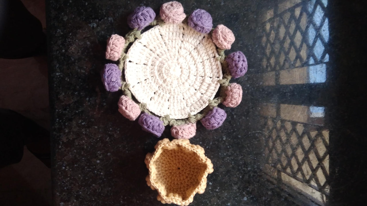 Handmade Crochet Coaster Set with Mini Basket | Boho Floral Rose Coasters for Coffee Table, Wedding Gift, Housewarming & Birthday Décor (Pattern 2)