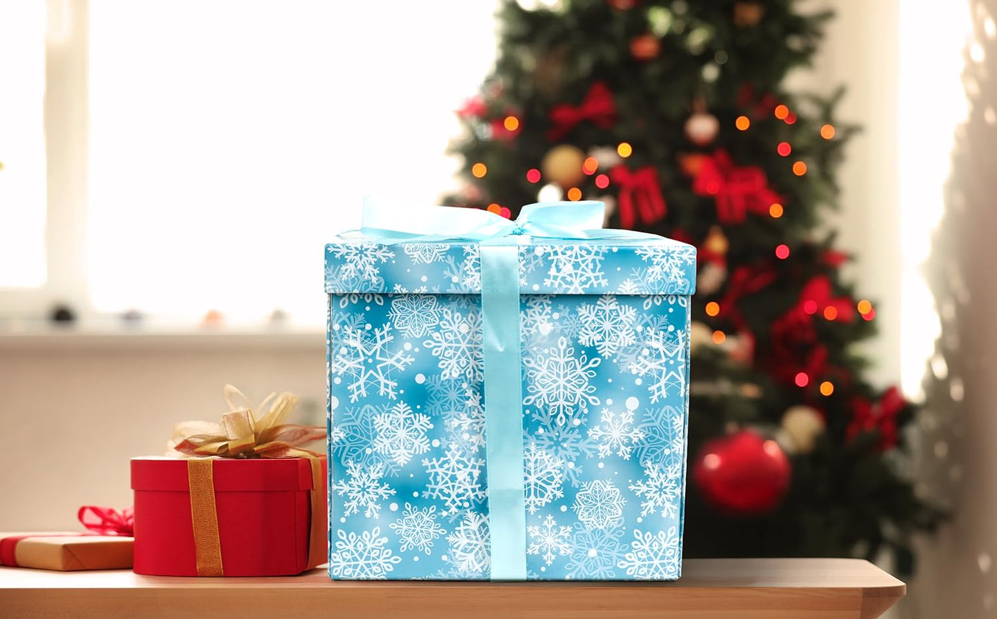 Jaywayang 10" Large Christmas Gift Box with Lid and Ribbon, Blue Snowflake Gift Box with Paper Filler for Holiday Xmas Presents Wrapping.