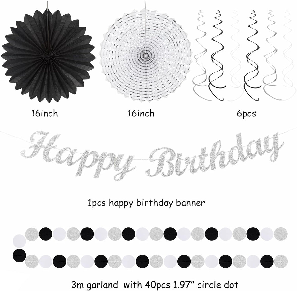 Black White Silver Birthday Party-decorations - 21pcs Boys Men Happy Banner,Paper Streamers Lanterns Honeycomb,Tissue Pom Poms Fan,Adult Supplies Decor 16th 20th 40th 45th 50th 60th Huglony