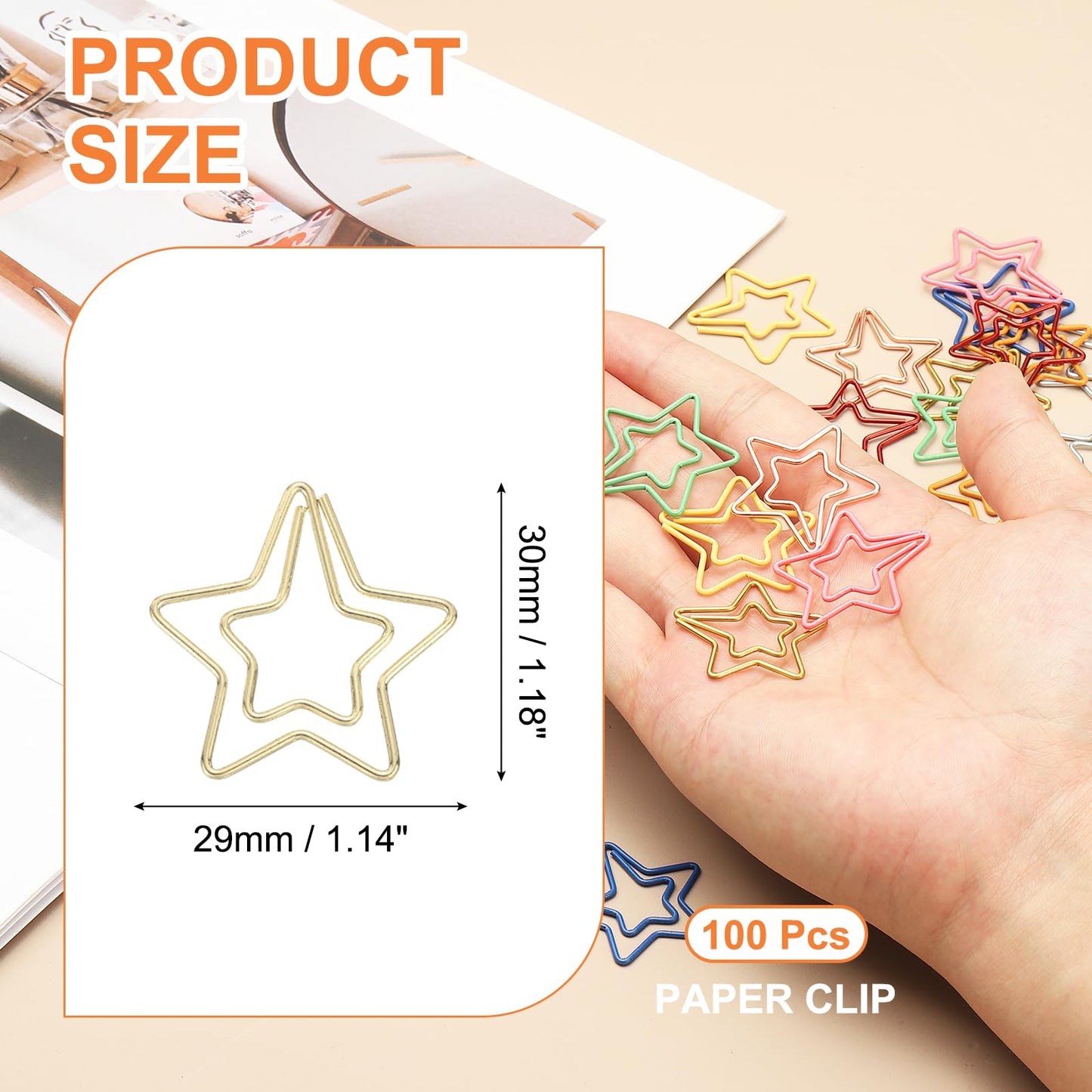 PATIKIL 100pcs Paper Clip, Star Paper Clip Small Cute Rust-Proof Metal Planner Bookmarks for Office Home Rust-Proof Metal Planner Bookmarks for Office Home, 29mm, Bright Gold