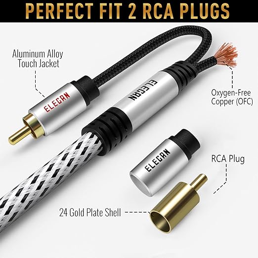 Elecan Premium RCA Cable 30 Ft (Hi-Fi Sound-16 AWG-Shielded) 2 RCA Male to 2 RCA Male Stereo Audio Cable, Gold Plated-Aluminum Alloy Shell-Pure Copper-Braided RCA Cord for Home Theater Speakers + Ties