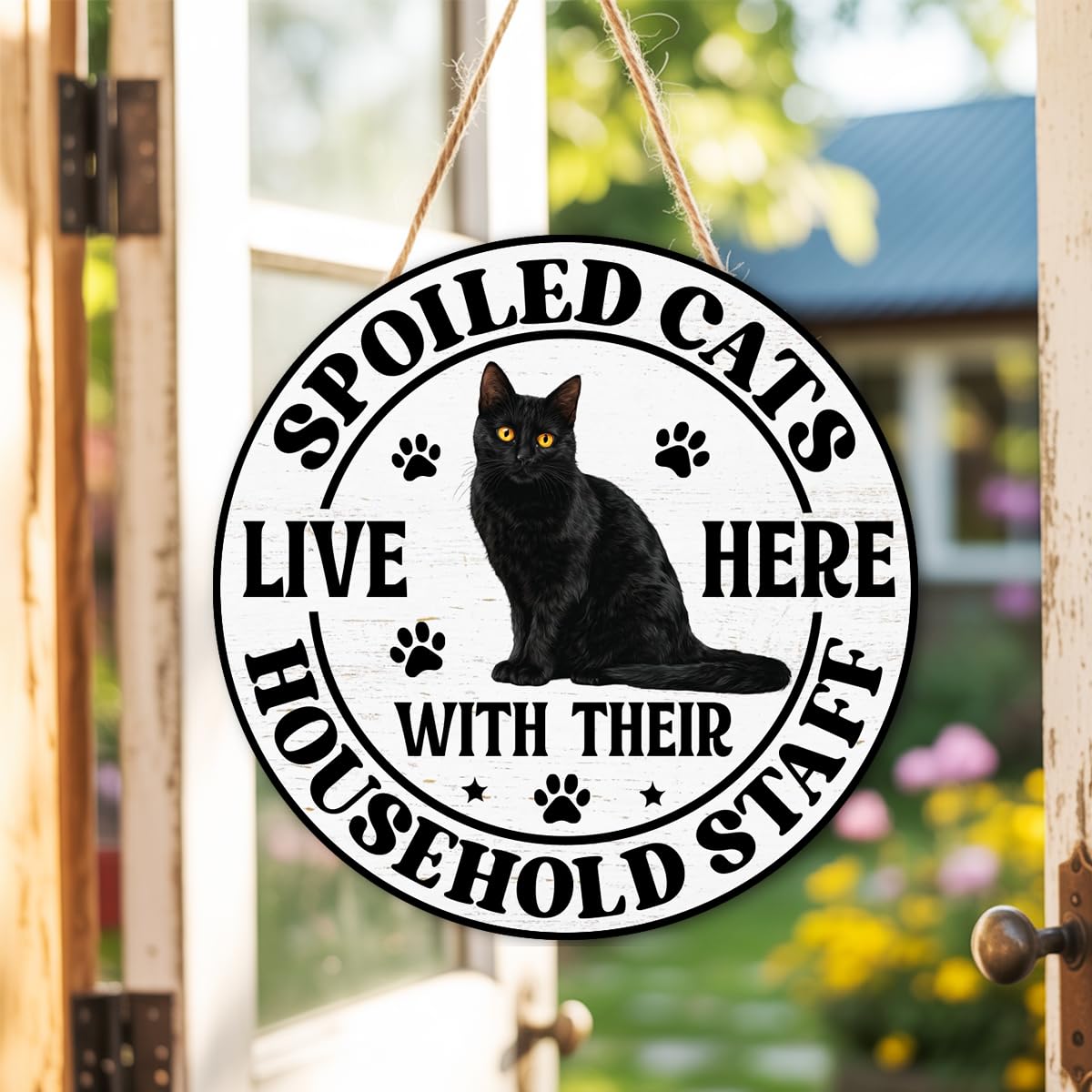 Black Cat Wood Hanging Sign for Front Door, Cat Gifts House Welcome Sign