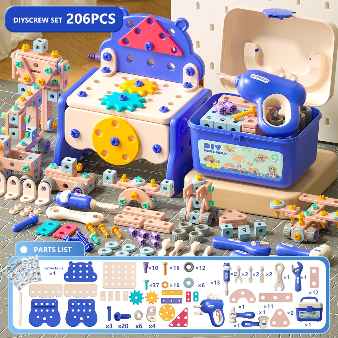 Ruiyisi Kids Tool Set, 206 PCS Toddler Tool Set with Tool Box & Electronic Toy Drill, Pretend Play Construction Kits for Kids Boy Girl Ages 3+ Toddler Boy Toys (Blue)